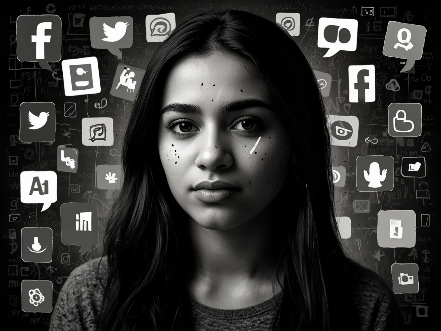 An emotional portrait of Imsha Rehman, with a blurred background of social media icons, illustrating the toll of cyberbullying and the impact of online scrutiny.
