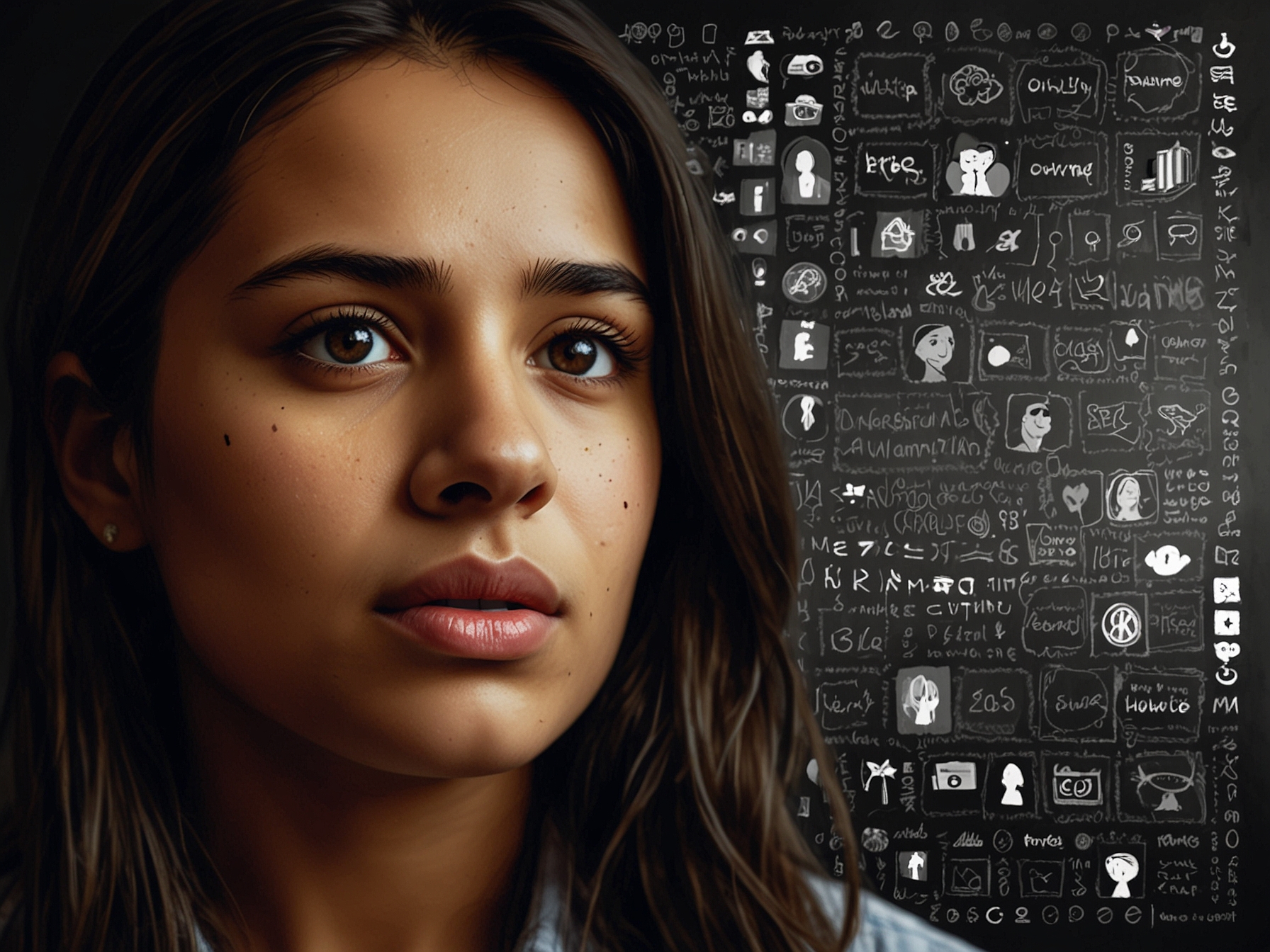 A concerned group of young adults looking at their phones, reflecting the societal impact of online harassment and the need for change in digital behavior.