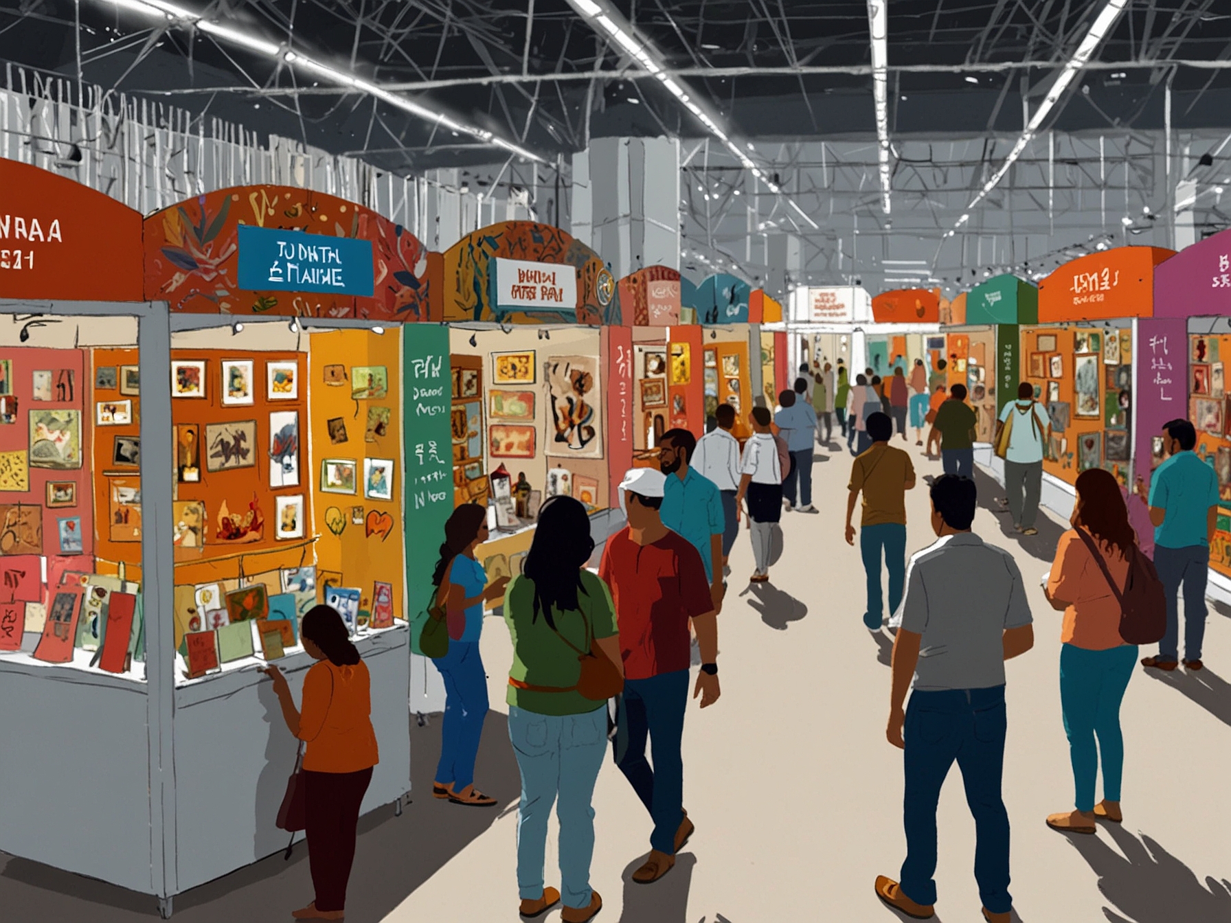 A bustling scene at the India International Trade Fair 2024, showcasing diverse stalls with colorful crafts, culinary displays, and enthusiastic visitors exploring innovative products.