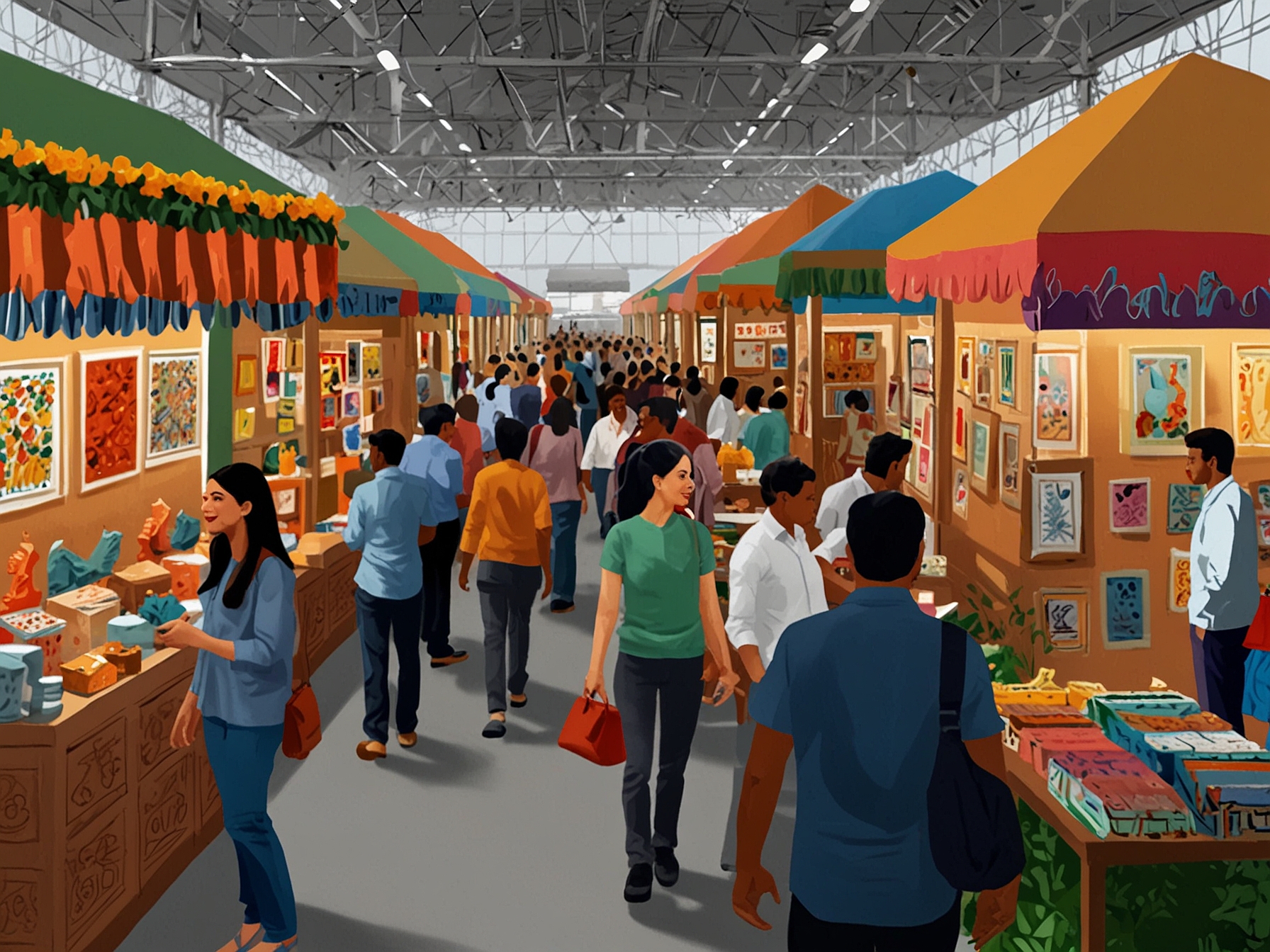 A panoramic view of the Bharat Mandapam Complex during the India International Trade Fair, featuring vibrant decorations and booths from various states and countries, attracting crowds of attendees.