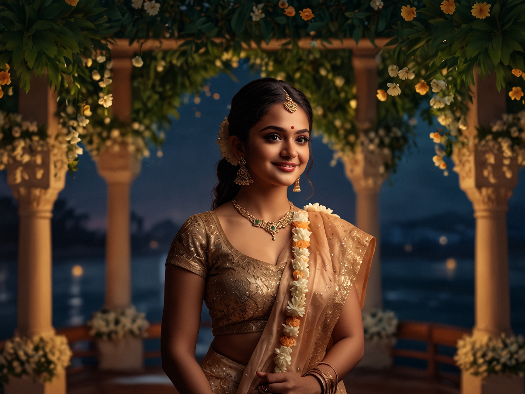 A picturesque venue in Goa decorated elegantly for Keerthy Suresh and Antony Thattil's wedding, complete with floral arrangements and soft lighting, radiating love and warmth.