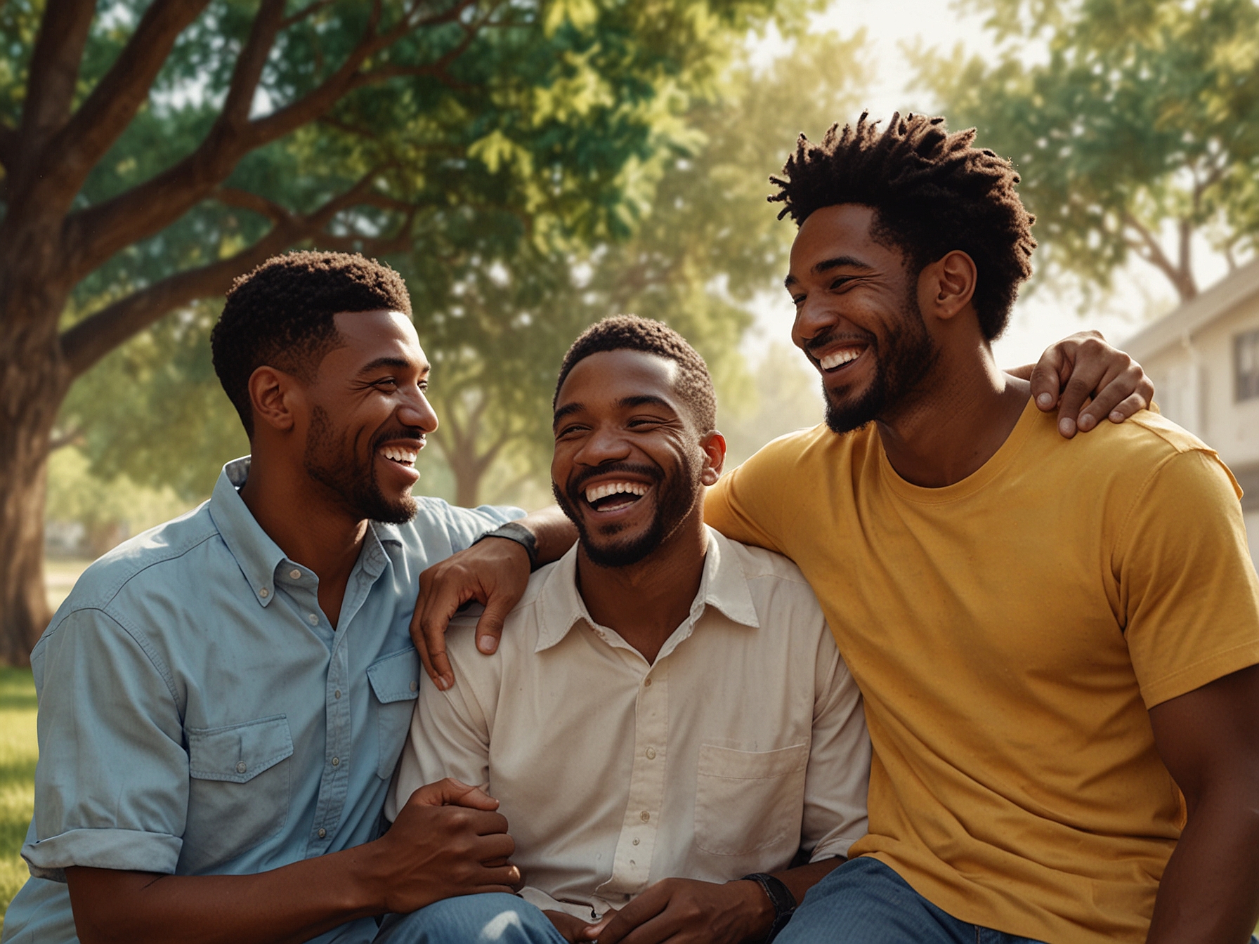 A heartwarming scene of diverse men sharing moments of joy and support together, symbolizing camaraderie, strength, and the importance of emotional connections. Friends laugh, brothers embrace, a father plays with his children, embodying the essence of men's contributions.