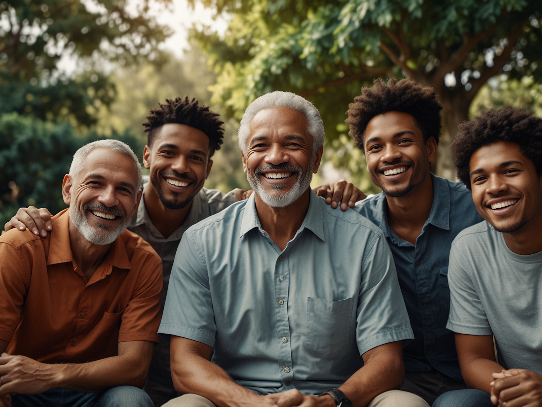 A group of diverse men of different ages smiling and supporting each other, embodying the spirit of compassion and strength. They are engaged in a discussion outdoors, showcasing friendship and positive influence on one another.