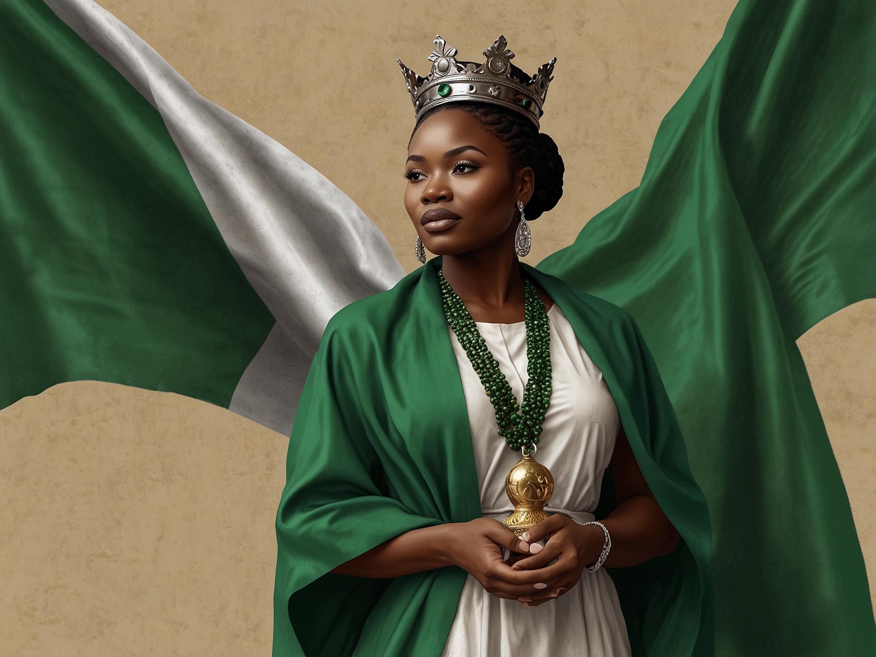 A triumphant Chidimma Adetshina holds her crown proudly, draped in a vibrant Nigerian flag, symbolizing her victory and the pride of her nation.