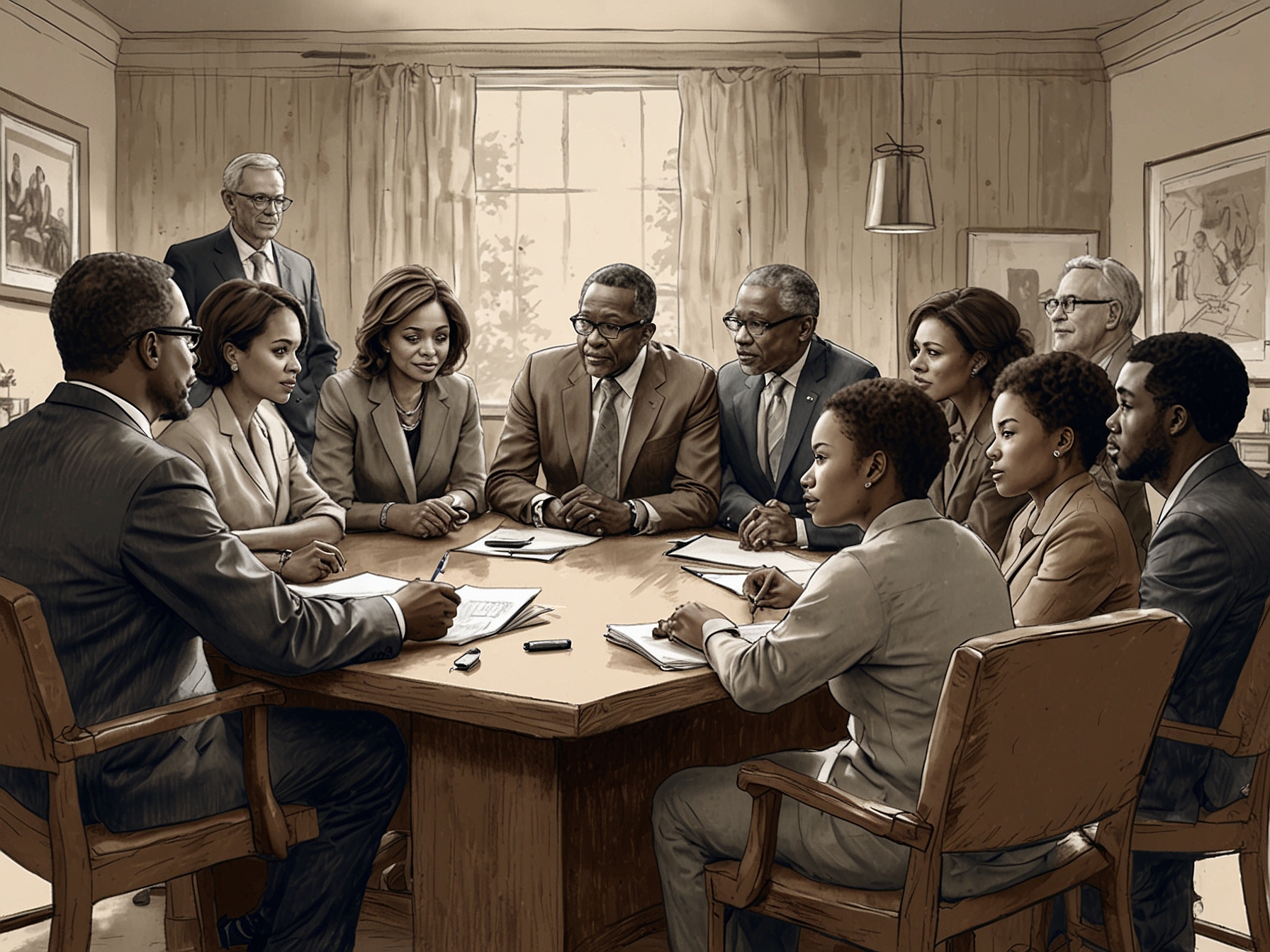 A gathering of diverse Democratic Party members brainstorming and discussing strategies for future leadership candidates, symbolizing their quest for unity and direction amidst uncertainty.