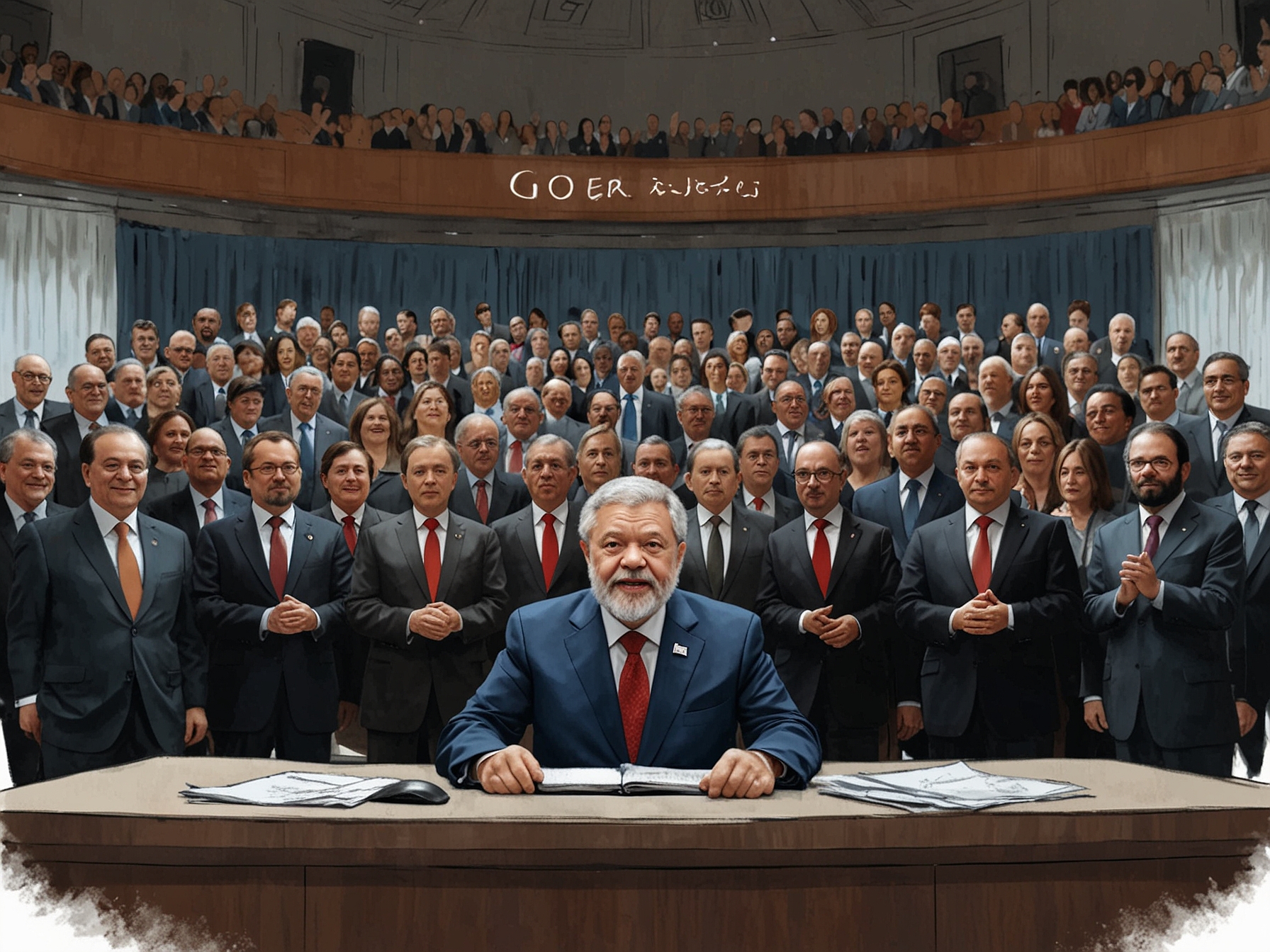 A vibrant image of the G20 summit featuring world leaders, with Lula passionately speaking at the center, highlighting discussions on global inequality and cooperation.