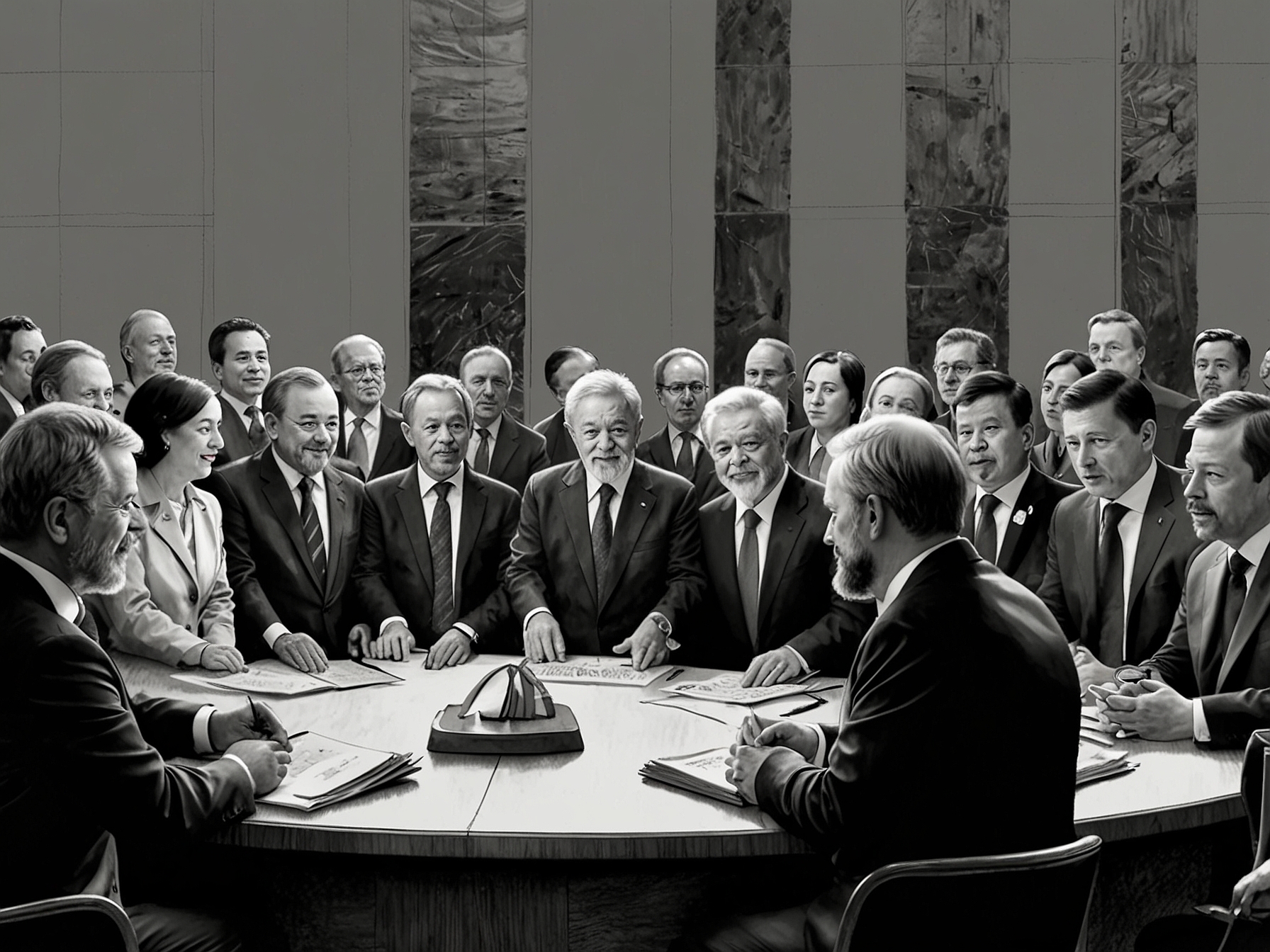 An impactful scene of Lula engaging with leaders from various nations, emphasizing dialogue and collaboration to address food security and economic disparities around the globe.