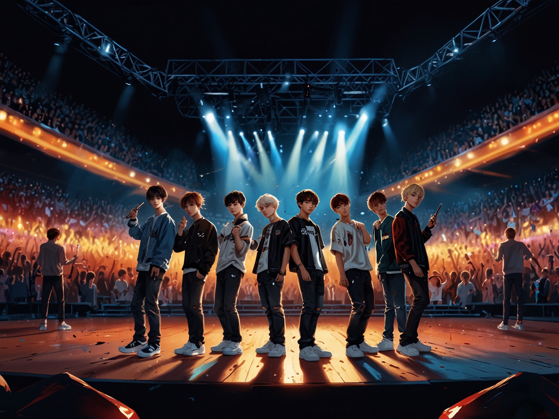 An electrifying scene of Stray Kids performing on stage, with colorful lights and enthusiastic fans waving banners in a packed stadium.