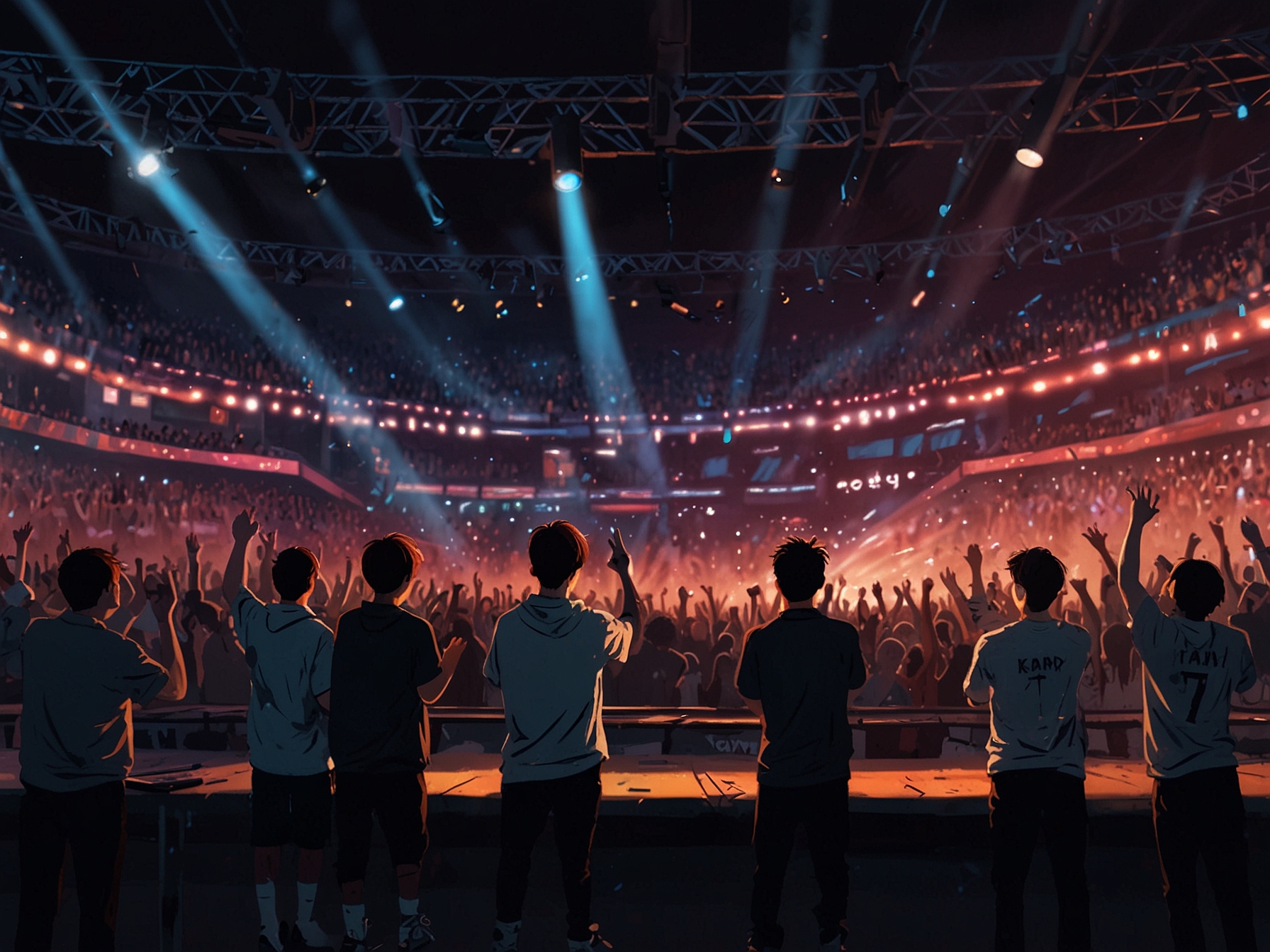 A close-up of Stray Kids members interacting with fans, showcasing their charismatic stage presence and the vibrant atmosphere of the concert.