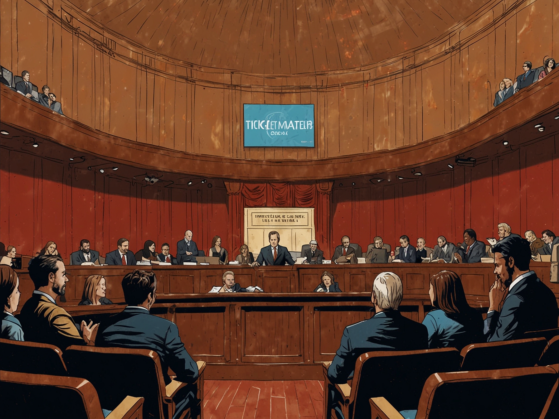 A courtroom scene depicting a banner with the Ticketmaster and Live Nation logos, symbolizing the ongoing legal battle in the live music industry. It illustrates the tension between fans and ticketing giants.