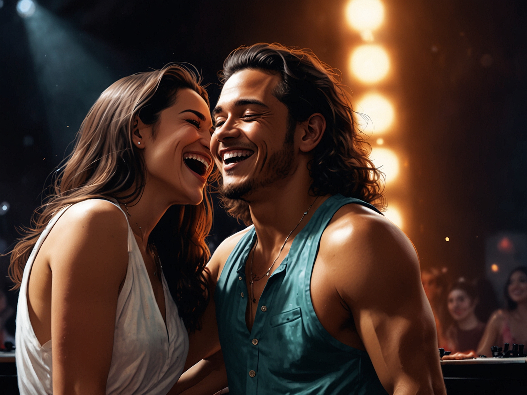 An enchanting moment captured during a concert as Pamela Franco and Christian Cueva share a laugh backstage, surrounded by lights and vibrant energy, showcasing their chemistry.