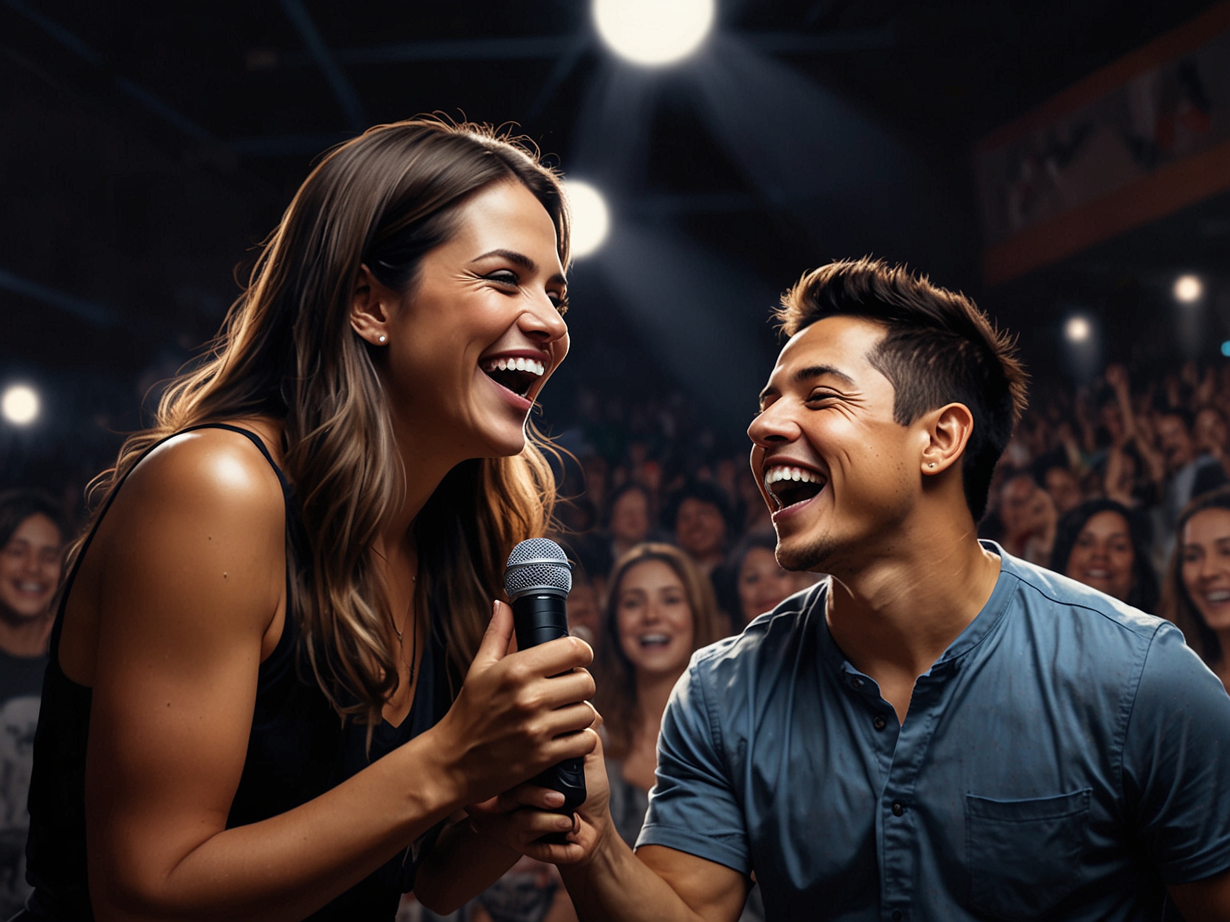 A heartwarming image of Pamela and Christian performing together on stage, with the audience cheering, encapsulating the exhilaration and passion in their relationship.