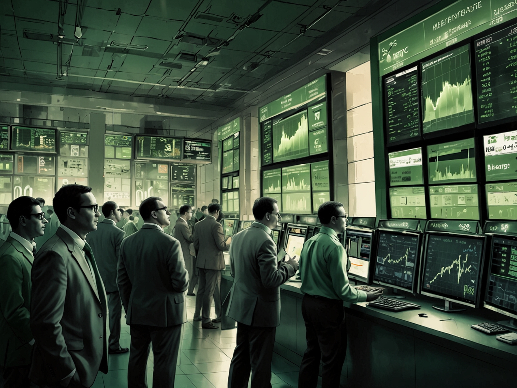 An illustrative image showing a bustling stock exchange with green energy symbols, depicting investor interest in the NTPC Green Energy IPO and the growing trend towards sustainable investments.
