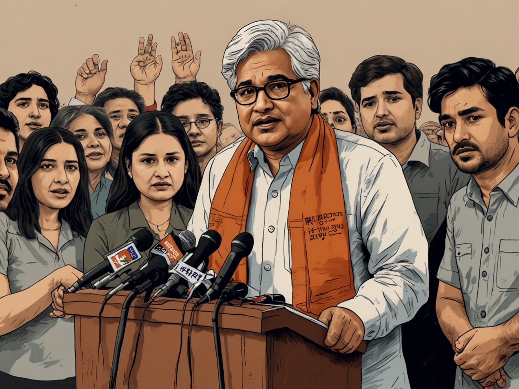An image of Kailash Gahlot speaking at a press conference surrounded by reporters, symbolizing his transition between political parties amid a backdrop of political turmoil in Delhi.