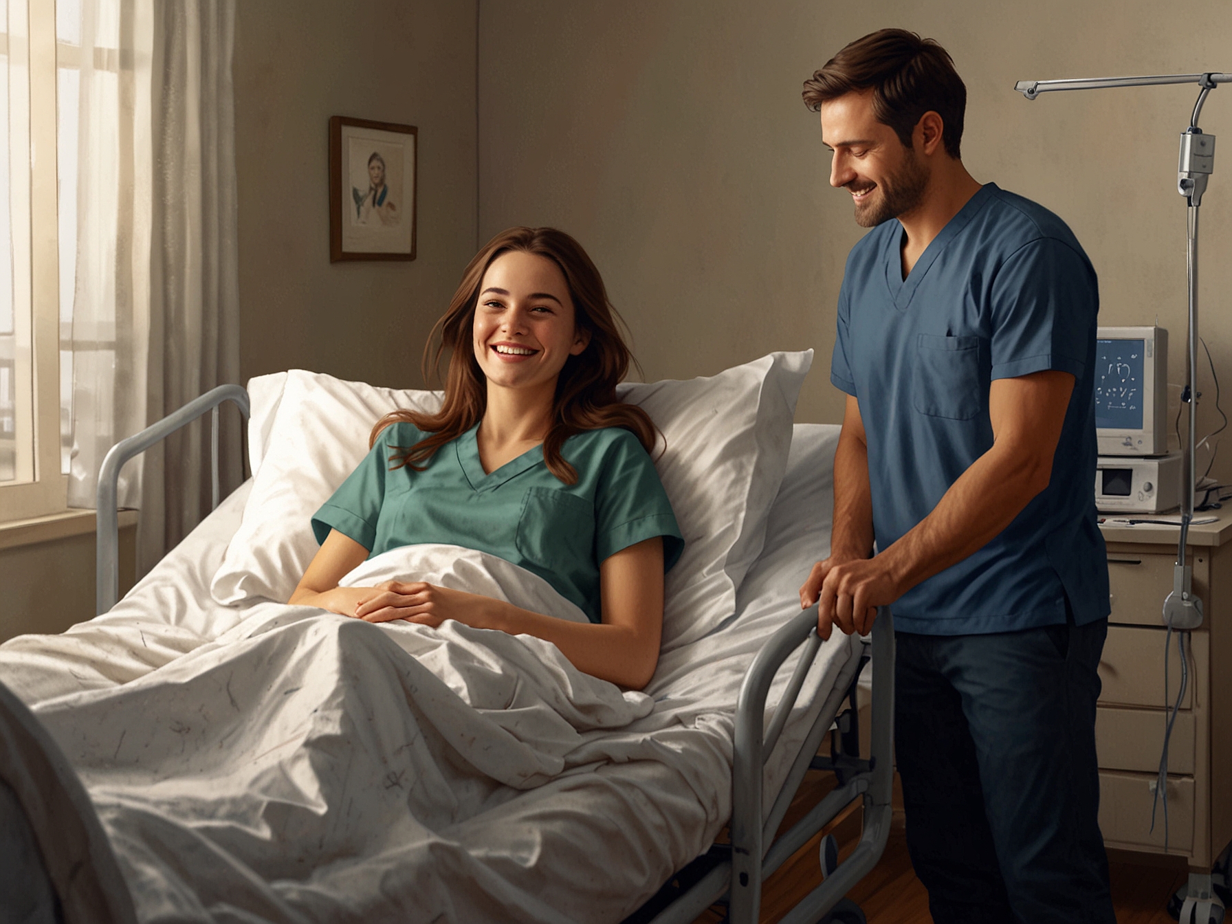 A young actress smiling while recovering in a hospital bed, surrounded by family, reflecting the love and support she receives during her health struggles.