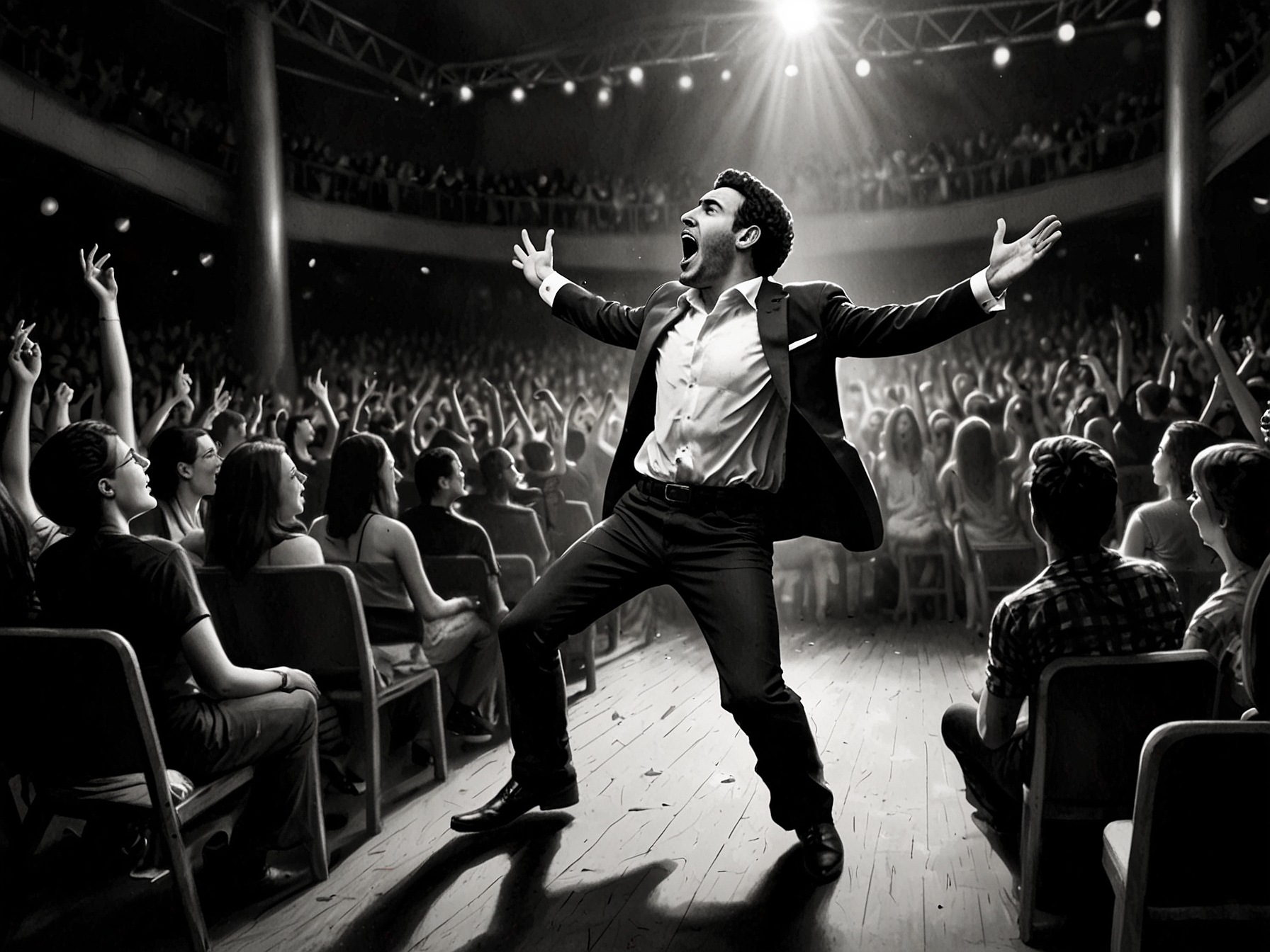 A dramatic moment captured from the concert where Paco Amoroso slips off stage while performing, with shocked audience members reacting in the foreground.