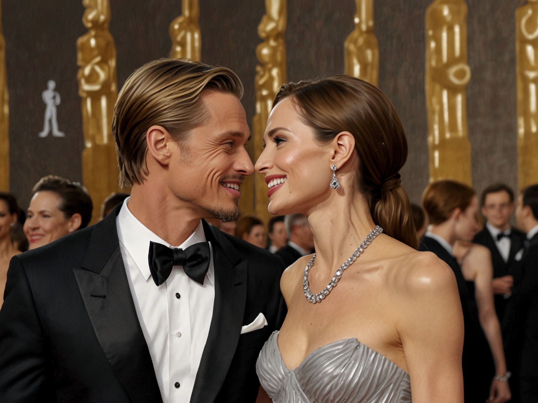 A moment captured of Knox Jolie-Pitt on the red carpet at the Governors Awards, dressed in a sharp black-and-white suit next to his mother, Angelina Jolie, who is stunning in a gold-and-silver gown. The image radiates their bond and the excitement of the event, surrounded by other celebrities.