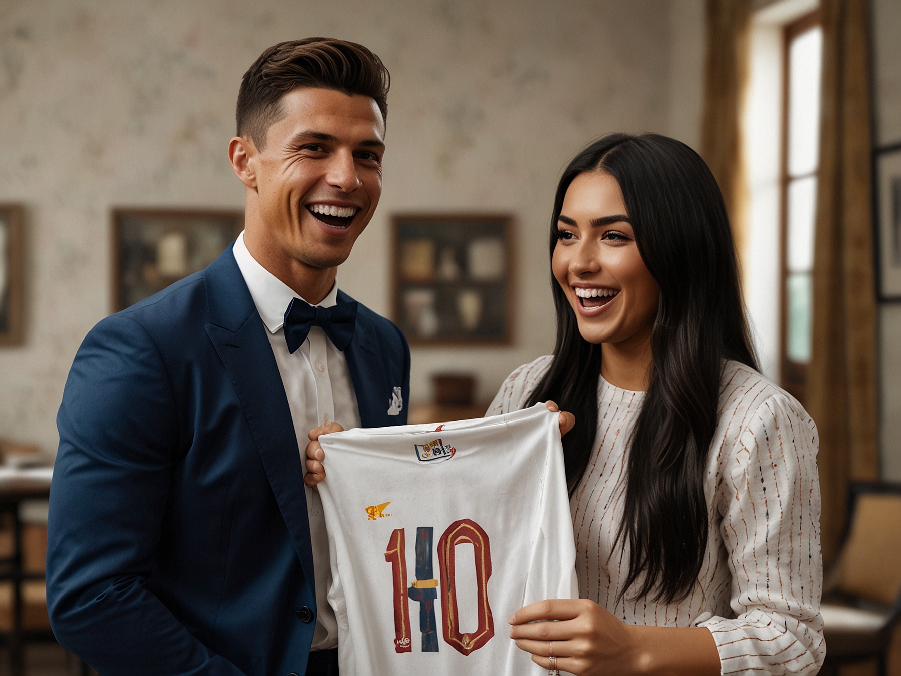 A vibrant image capturing Cristiano Ronaldo and Georgina Rodriguez laughing while playfully impersonating Lionel Messi during a memorable YouTube episode, showcasing their camaraderie.