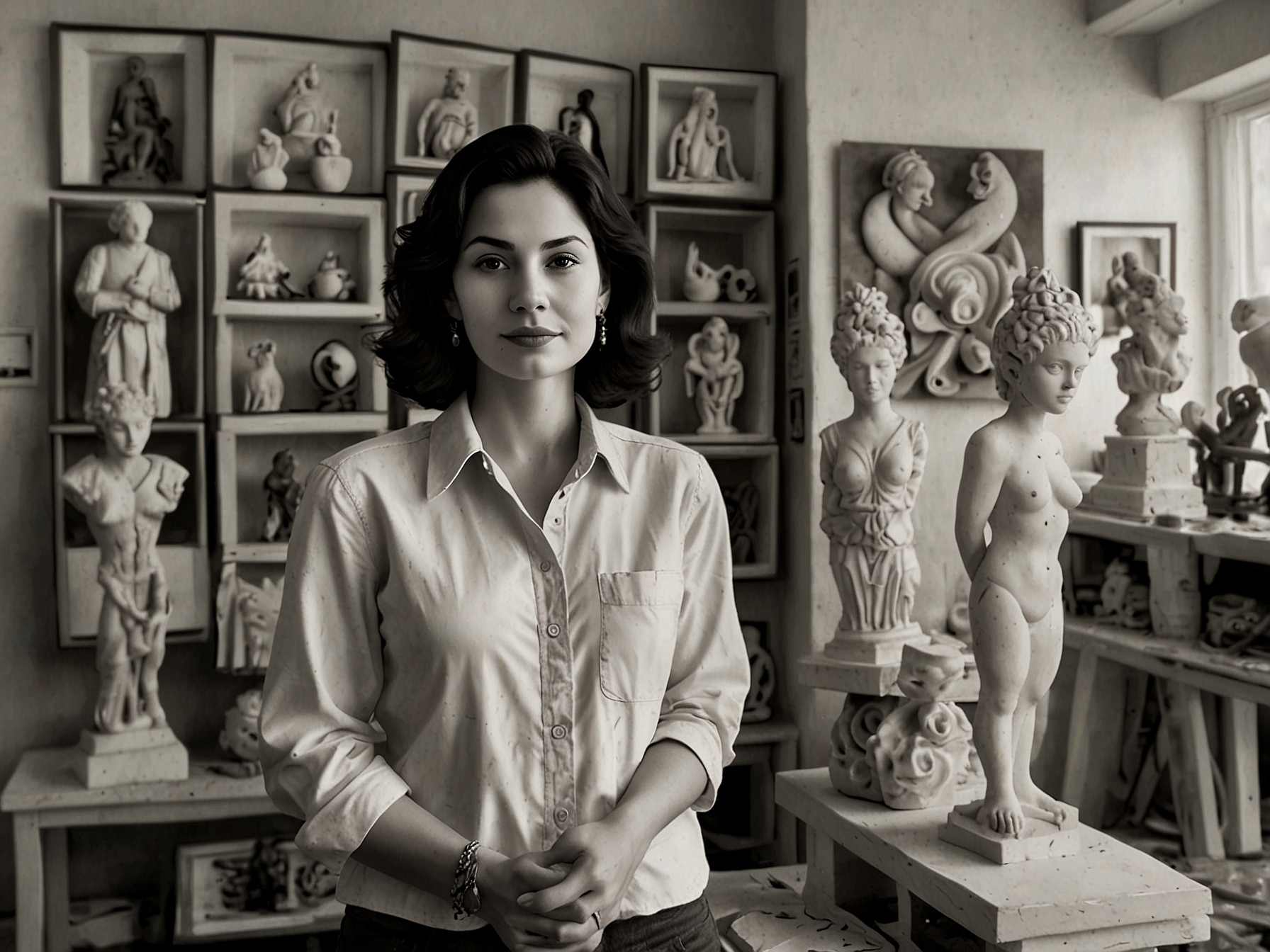 A black and white photograph of Lola Mora at her sculpture studio, surrounded by her marble sculptures, illustrating her dedication to her craft in a male-dominated environment.