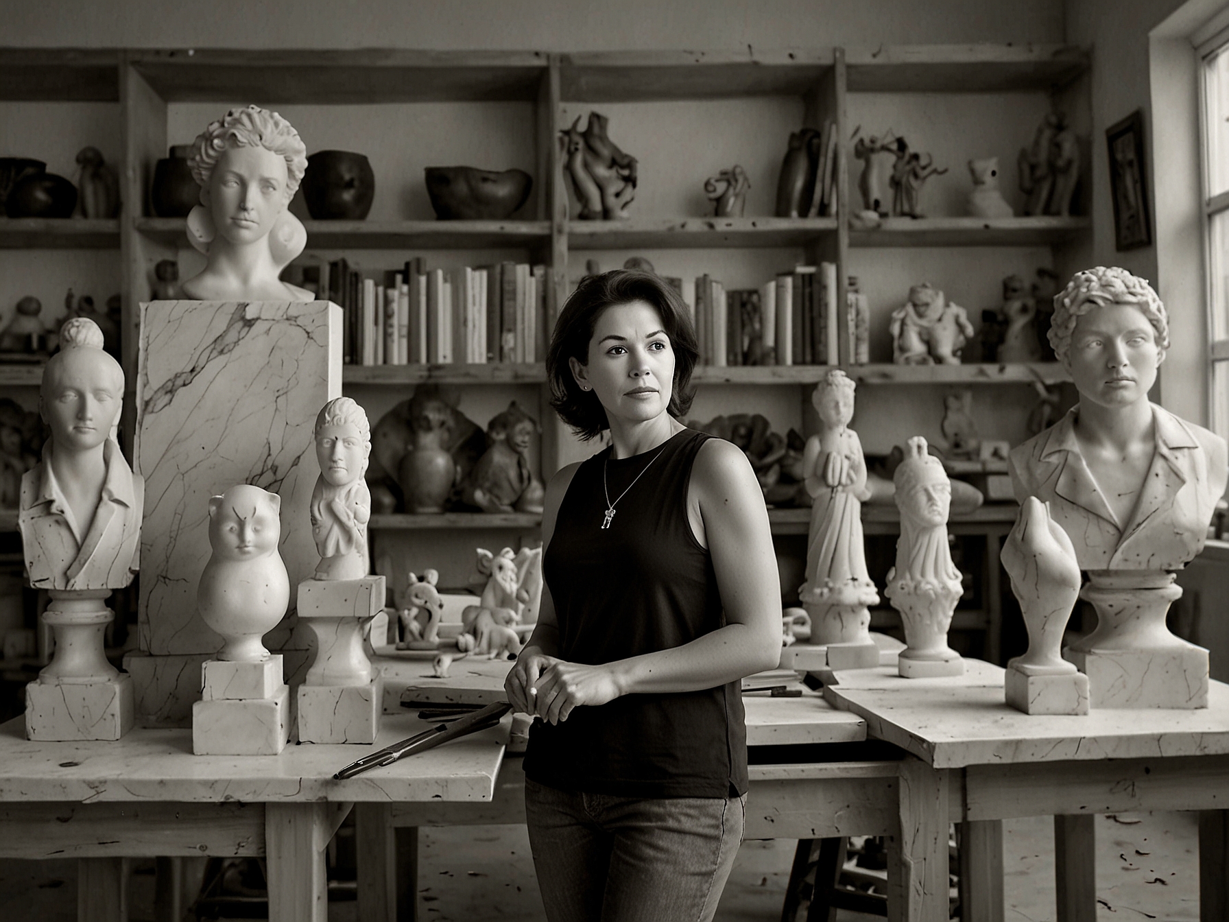 A conceptual illustration depicting Lola Mora's journey as a sculptor, with imagery representing her struggles, triumphs, and impact on feminism and art.