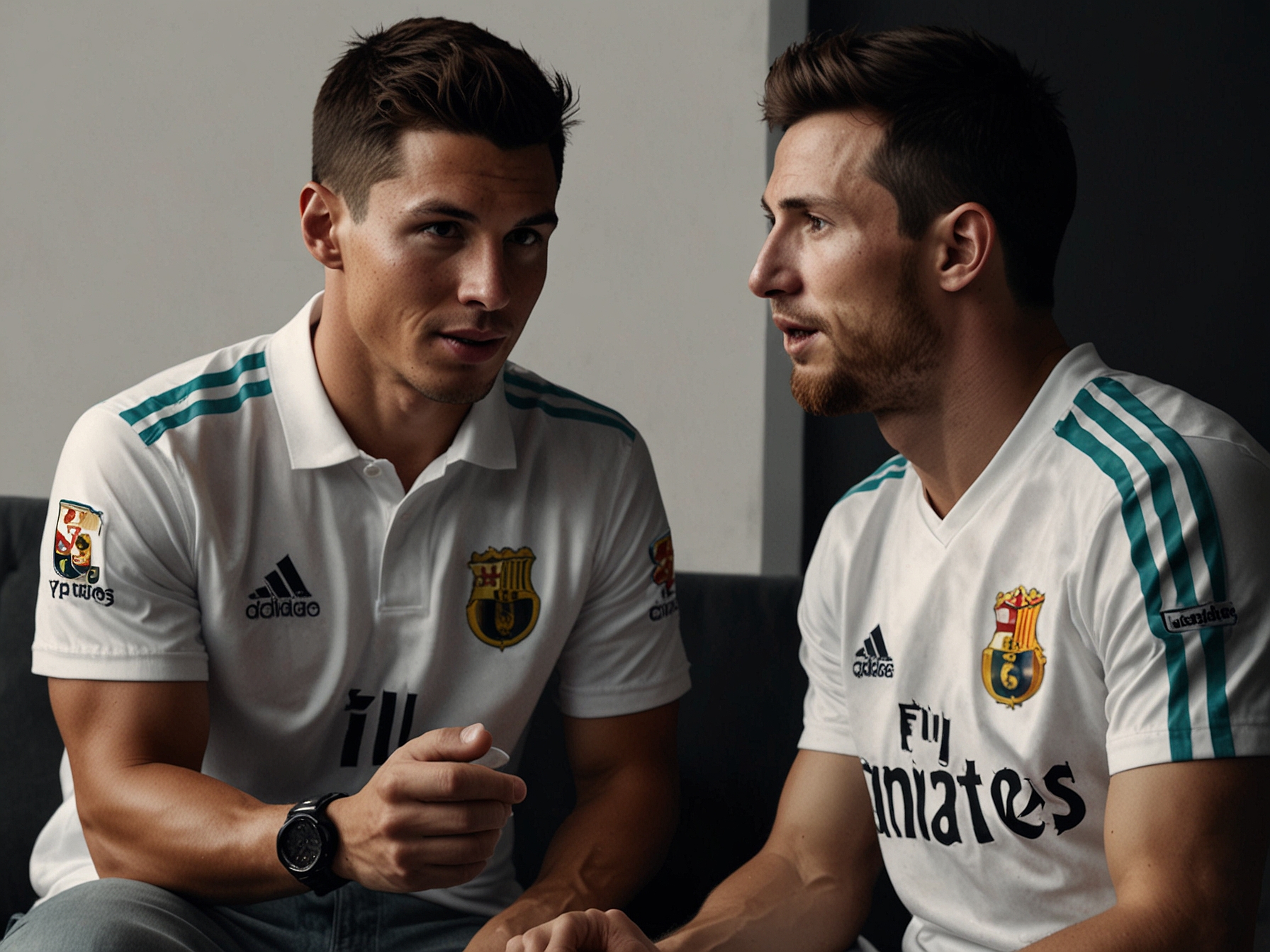 An image of Cristiano Ronaldo and Leo Messi sitting together in a studio setting, engaged in conversation with microphones in front of them, capturing the essence of two iconic soccer players sharing their experiences and stories.
