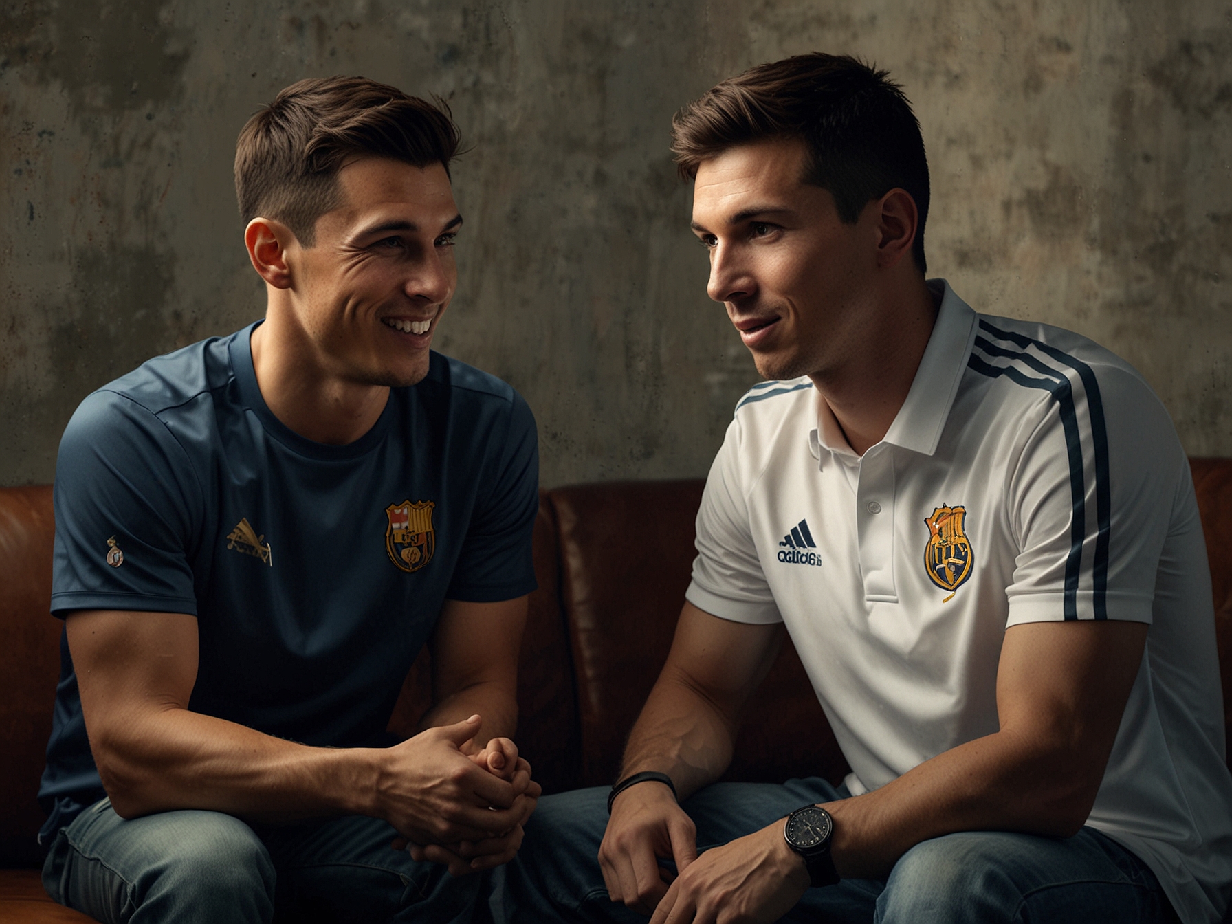A split image showing both Ronaldo and Messi in their respective jerseys, overlayed with a question mark, highlighting the uncertainty and anticipation of their upcoming conversation.
