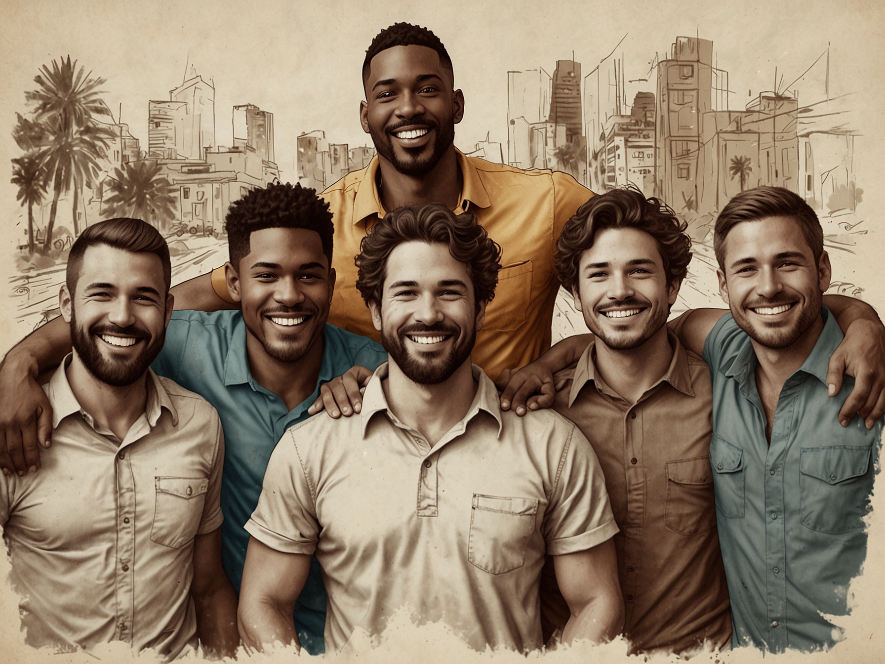 A group of diverse men from various backgrounds celebrating together, showing smiles and camaraderie in a supportive environment, symbolizing strength and community.