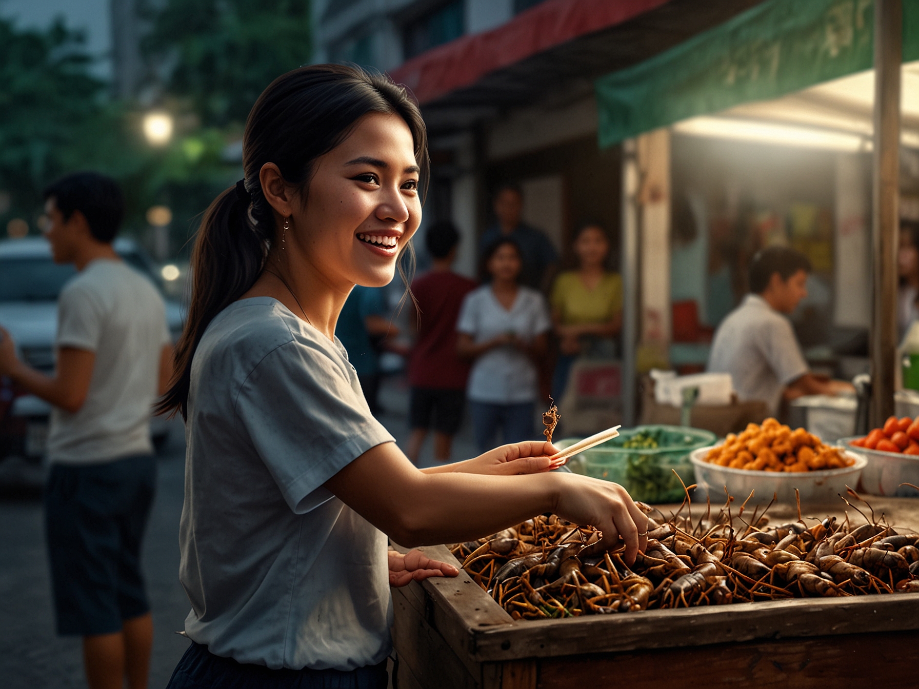Rosina Beltrán standing on a busy street in Bangkok, tasting scorpions from a street vendor, with a look of excitement and curiosity on her face.