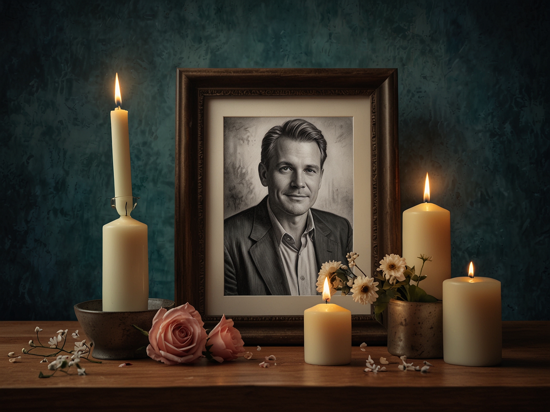 An emotional memorial image featuring a framed photo of Paul Teal alongside candles and flowers, symbolizing love and remembrance in honor of his life and career.