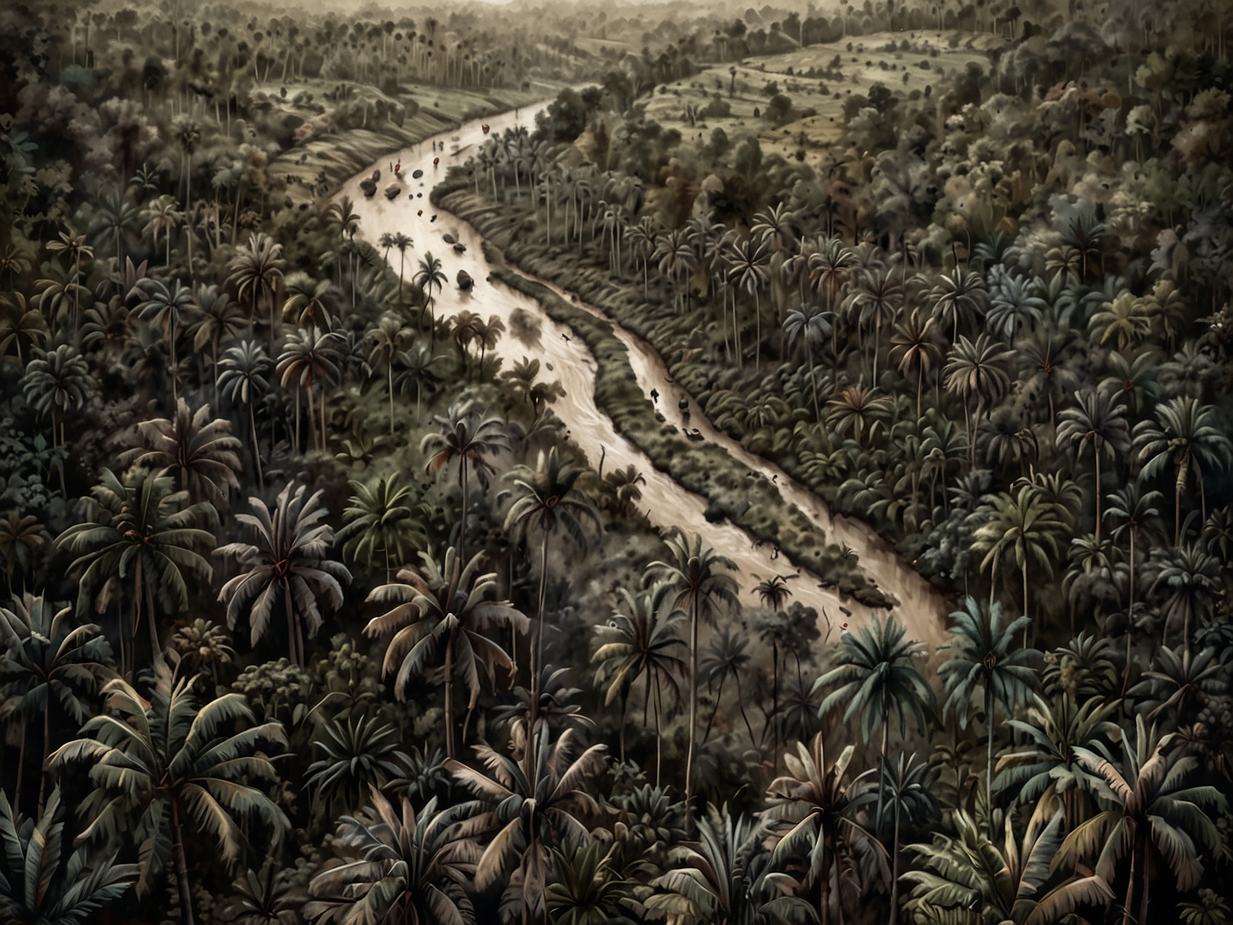 An aerial view of sprawling palm oil plantations in Indonesia, showcasing both the lush greenery and the challenges of land disputes in the region.