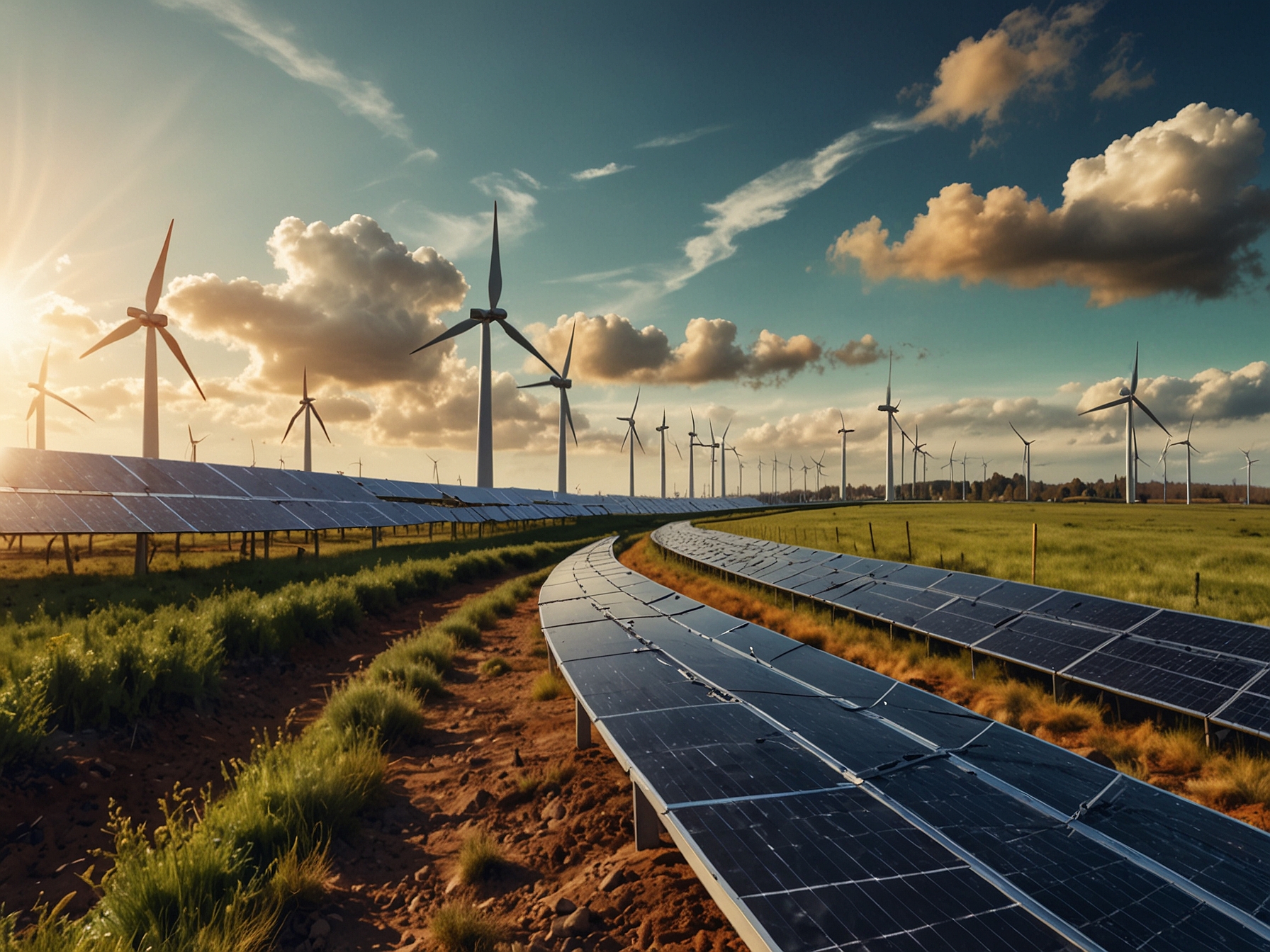 A vibrant image depicting a solar farm with wind turbines in the background, symbolizing the surge in interest towards renewable energy investments. The sunny sky and clear landscape illustrate the bright future of green energy.