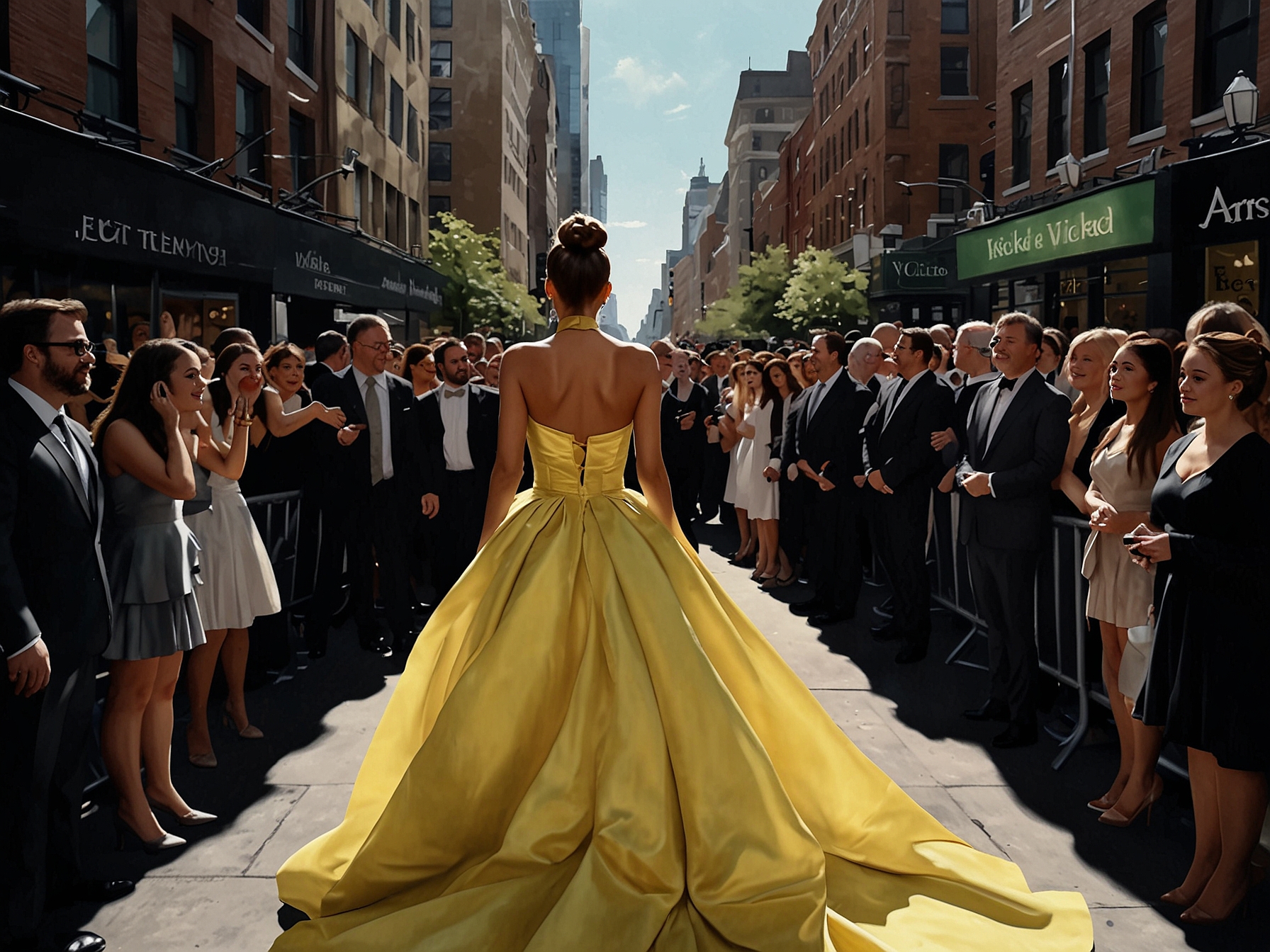 Ariana Grande in a stunning butter yellow dress at the 'Wicked' premiere, embodying elegance and Broadway magic, surrounded by photographers.