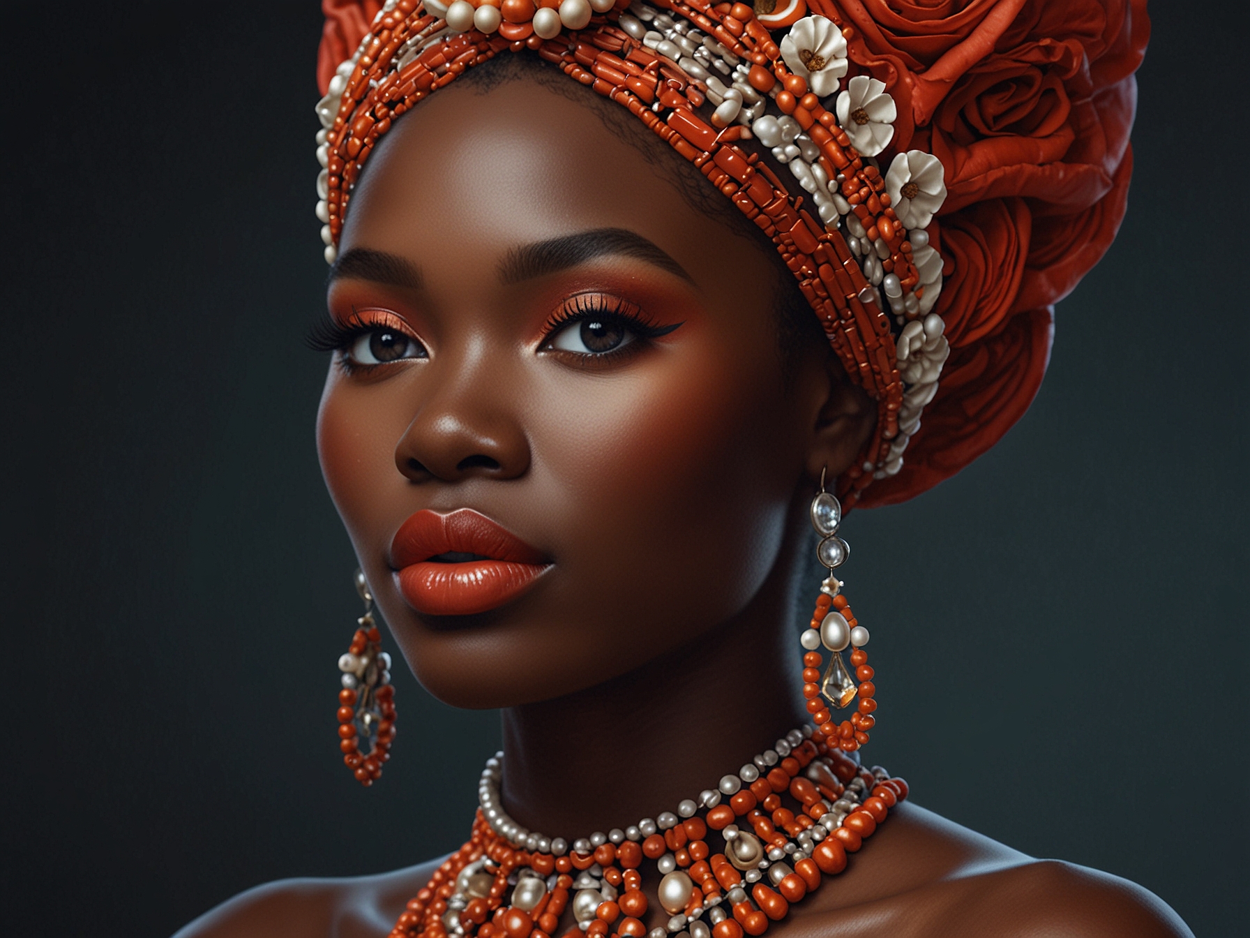 Chidimma Adetshina wearing the Nwanyi-Njiko national costume at Miss Universe, embellished with coral pearls and cowrie shells, radiating elegance and strength.