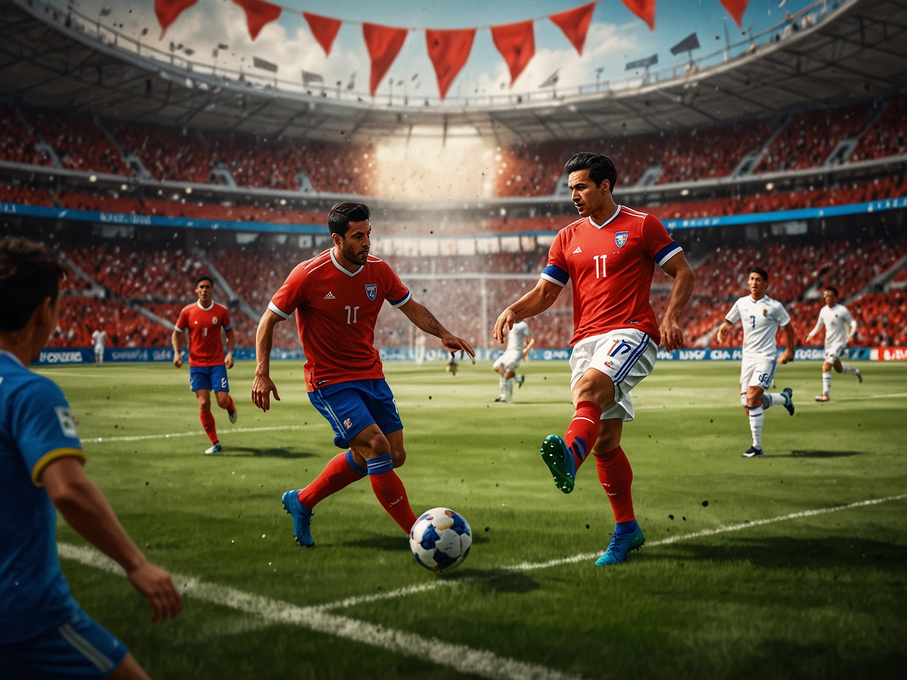 An intense football match scene, showcasing Chilean and Venezuelan players battling for possession on the pitch, with fans in a vibrant stadium setting.