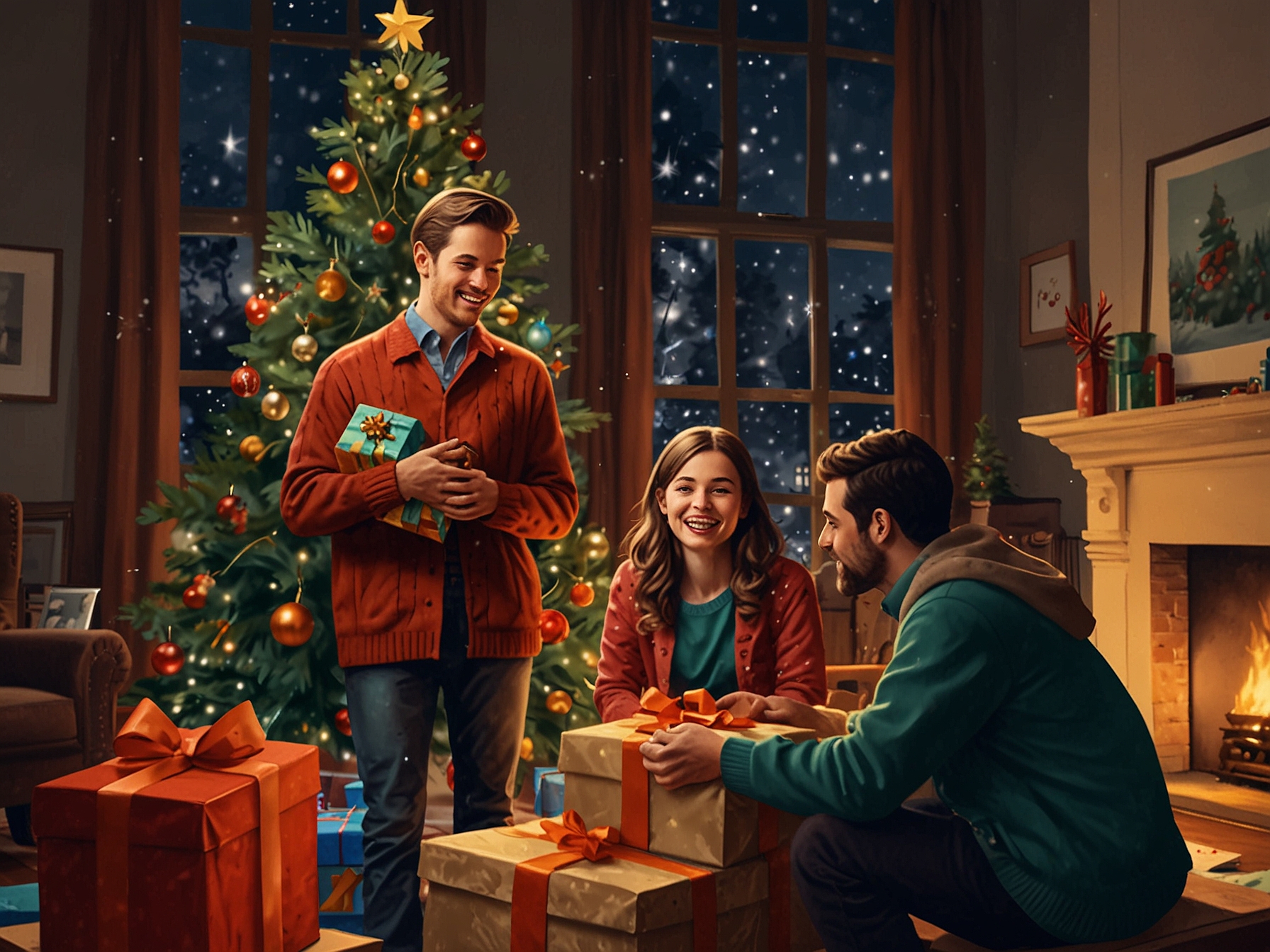 A festive holiday scene depicting a family gathered around a decorated Christmas tree with gifts, symbolizing the joy and relief of receiving unexpected financial help this season.