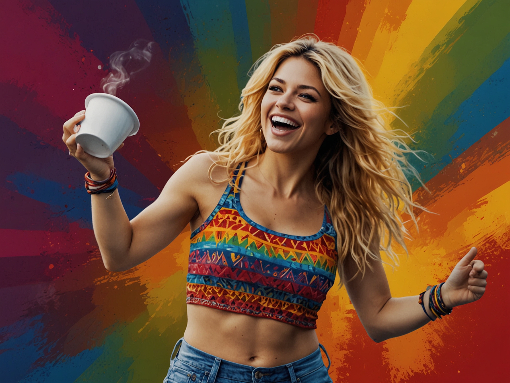 An energetic Shakira dancing joyfully in a relaxed outfit, holding a cup of Colombian coffee, surrounded by vibrant colors, embodying her cultural roots and love for music.