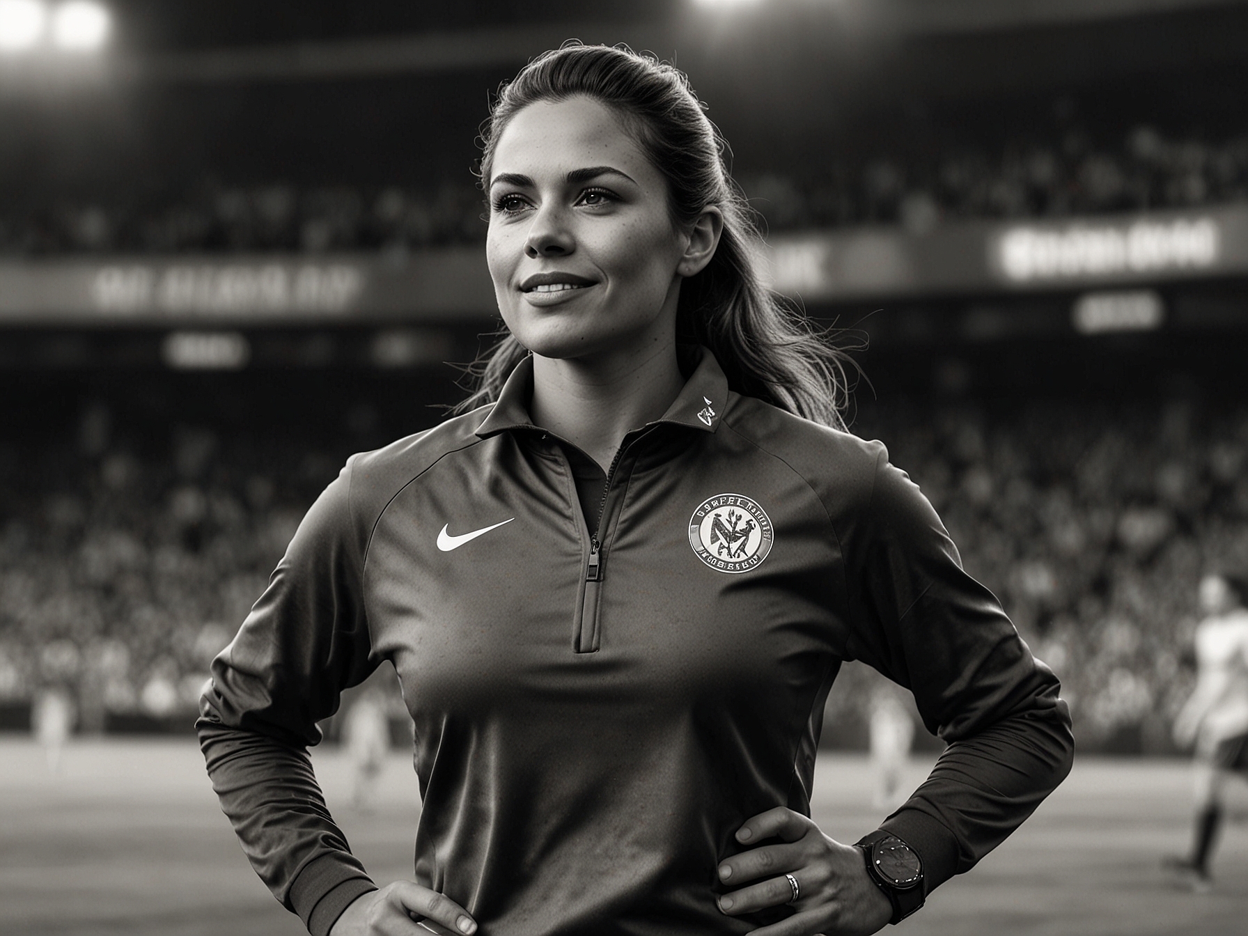 An inspiring image featuring Sofía Martínez confidently reporting from a sports event, embodying empowerment and resilience in a male-dominated field.