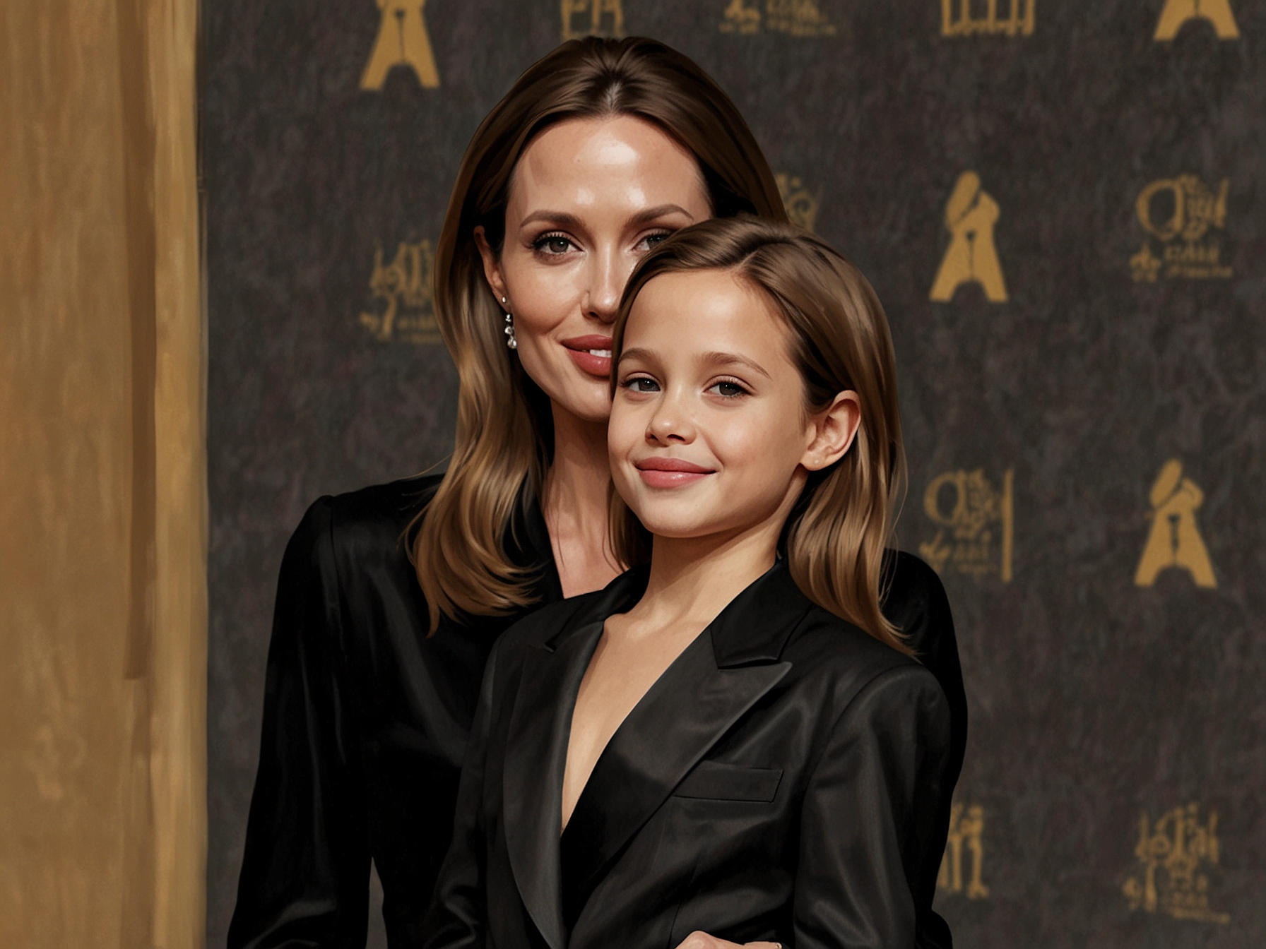 A close-up of Angelina Jolie's oversized diamond earrings and her glamorous gown as she shares a joyful moment with Knox at the Governors Awards, emphasizing their bond.