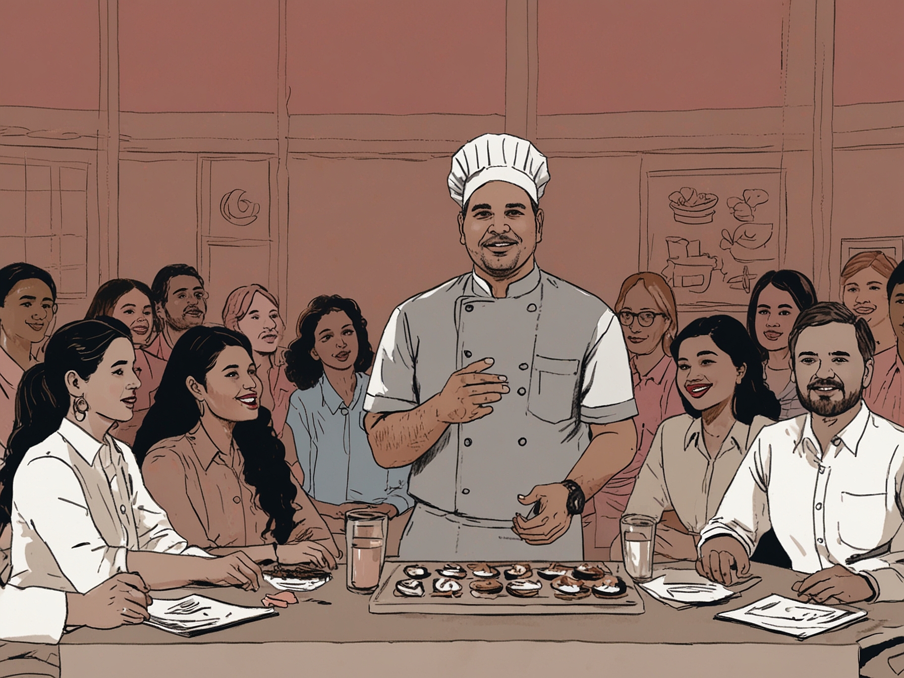 An illustration showing Chef Kapil Verma speaking at a panel discussion about gender equality, with diverse audiences engaged in the conversation. The backdrop features images of International Women's Day and Men's Day icons.