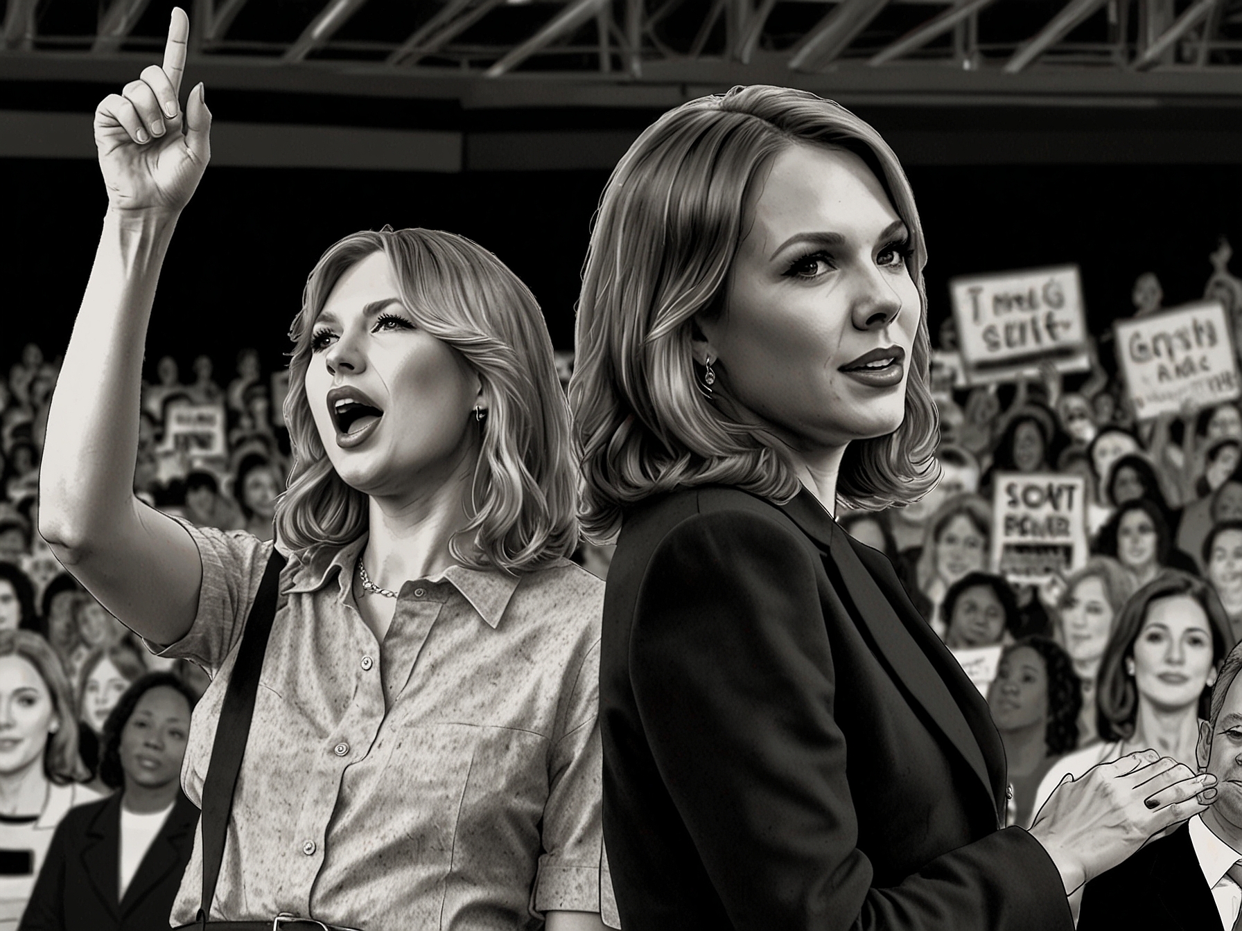 A split image showing Taylor Swift at a political rally and Kamala Harris on stage, encapsulating their connection during the 2024 election campaign. Fans gather, showcasing generational divides in political support and engagement.