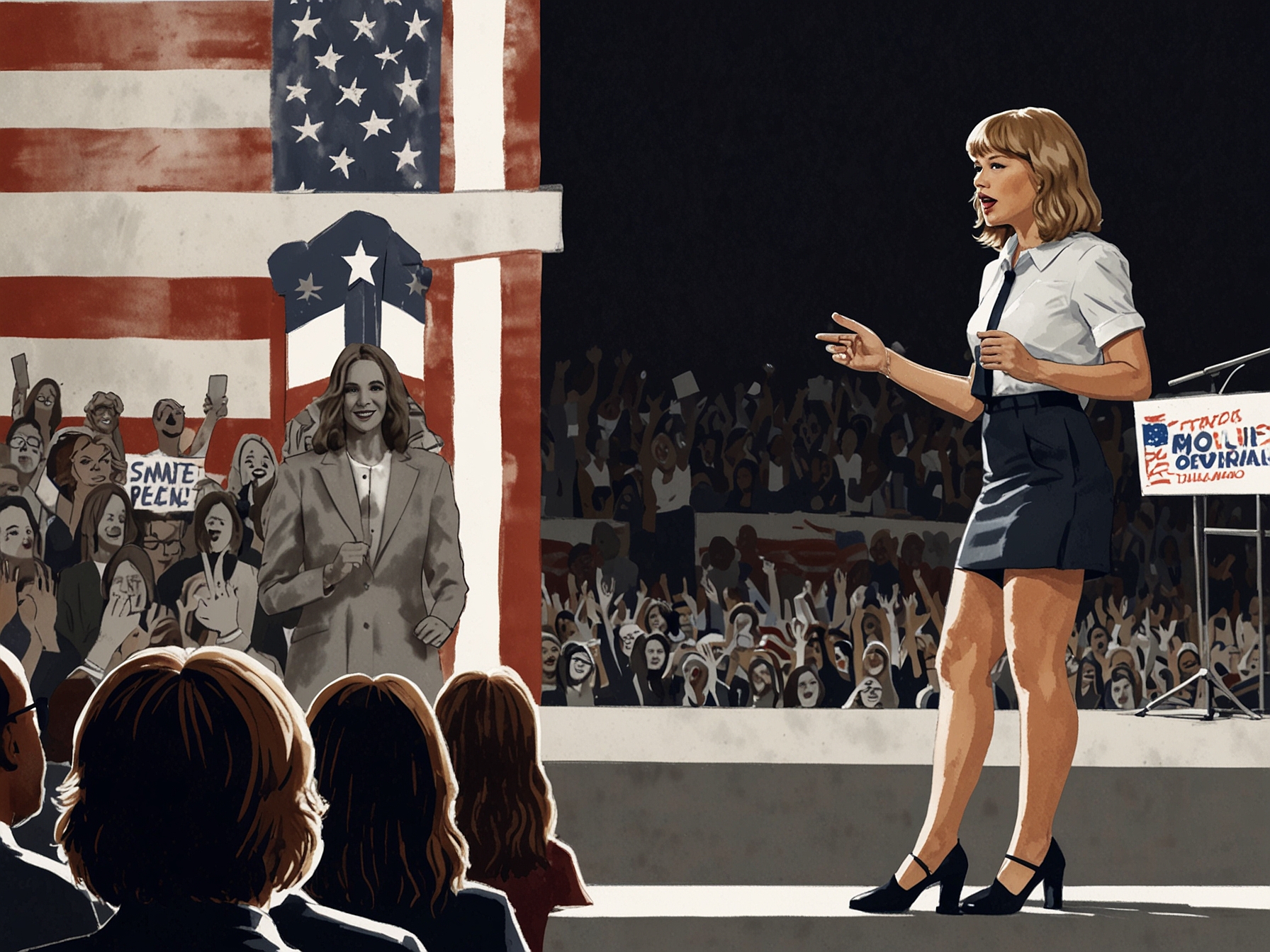 An infographic displaying statistics on voter favorability for Trump and Swift's endorsement impact, highlighting the generational divide in responses to celebrity endorsements in politics.