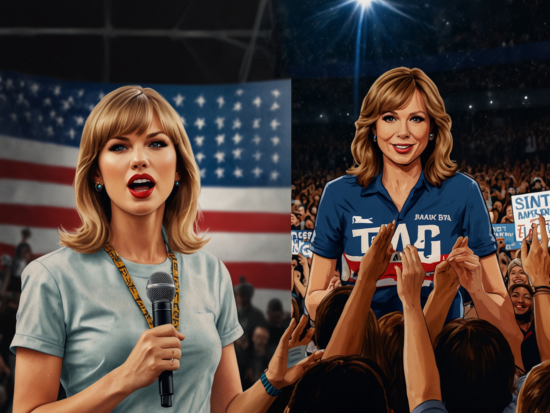 A visual representation of the disparity in support, featuring young women at a Taylor Swift concert juxtaposed with older voters at a political event, emphasizing the contrasting political affiliations.