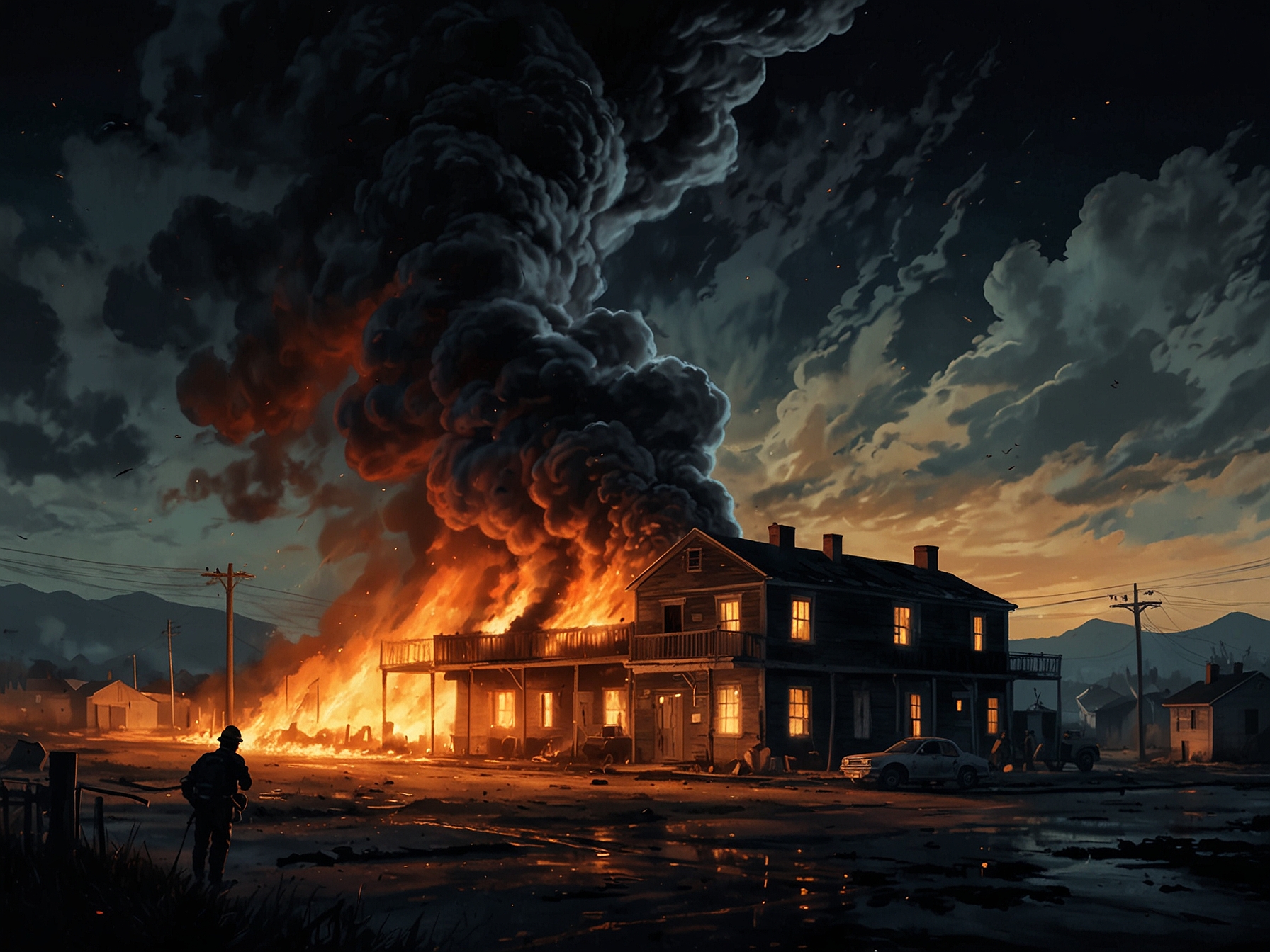 A dramatic scene of the Punta Norte Outlet engulfed in flames, with thick black smoke billowing into the night sky as firefighters battle the blaze.