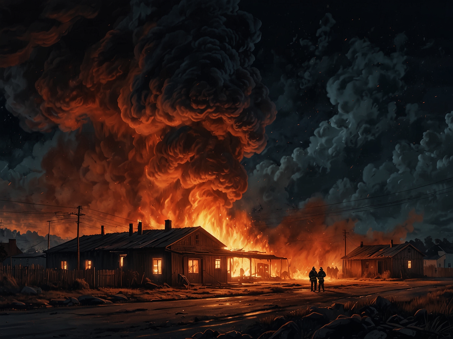 Firefighters working tirelessly to extinguish the flames while local citizens help using makeshift tools, highlighting the chaos and urgency of the situation.