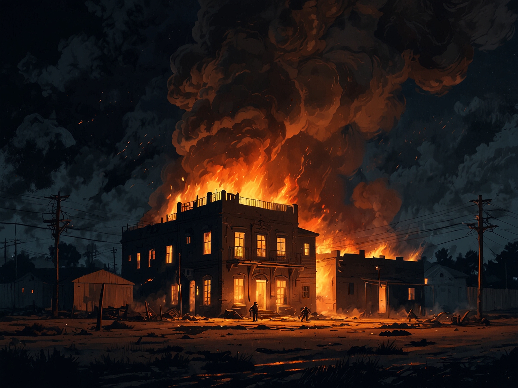 Emergency lights illuminating the scene as thick smoke rises high, depicting the intensity of the fire and the immediate response from first responders.