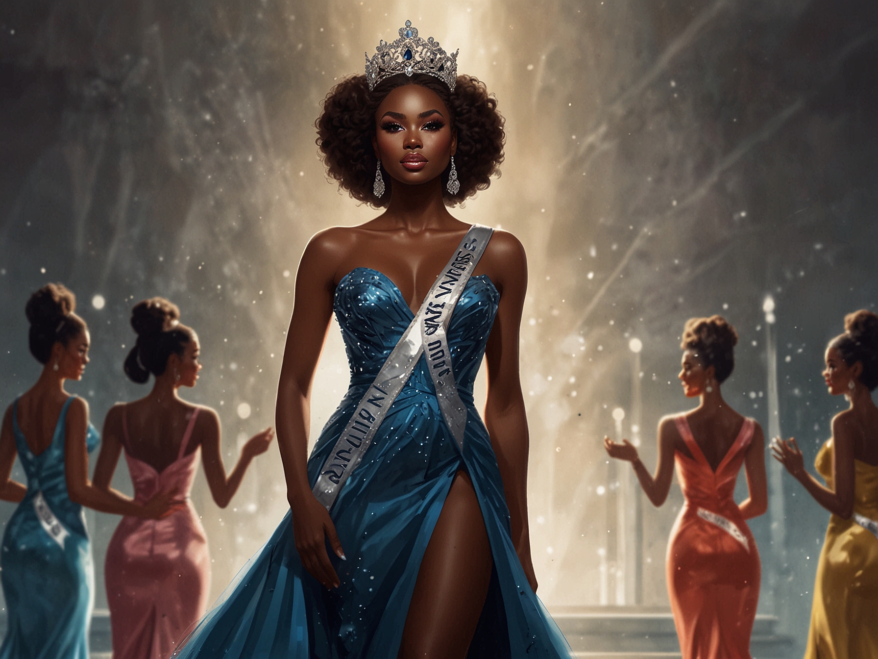 A confident Chidimma Adetshina stands on stage during the Miss Universe competition, wearing a stunning gown and the Miss Universe sash, radiating beauty and strength.