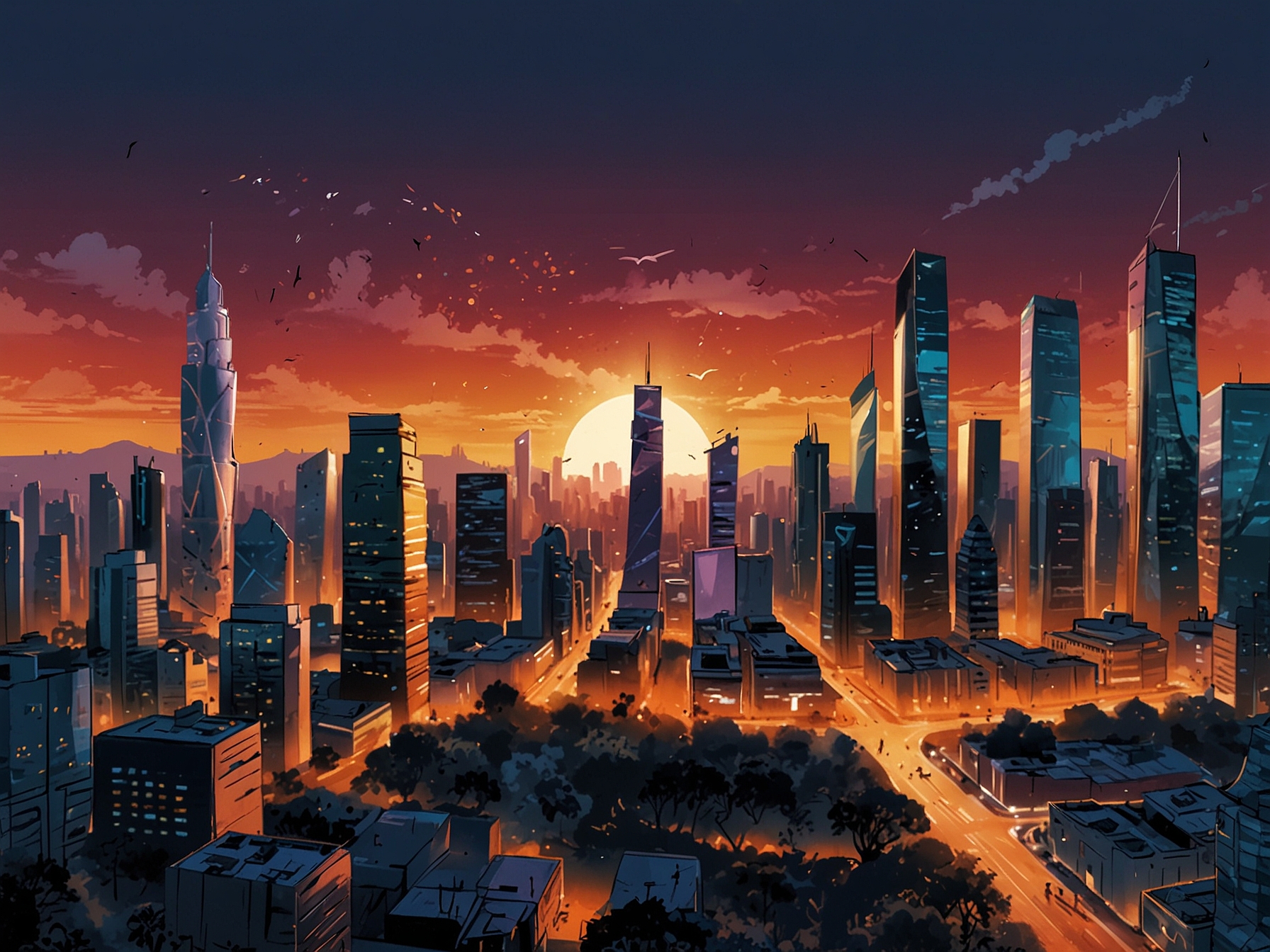 An illustration showing a bustling digital landscape where Reliance's logo encompasses a variety of media platforms, including JioCinema and Hotstar, symbolizing an expansive digital empire.