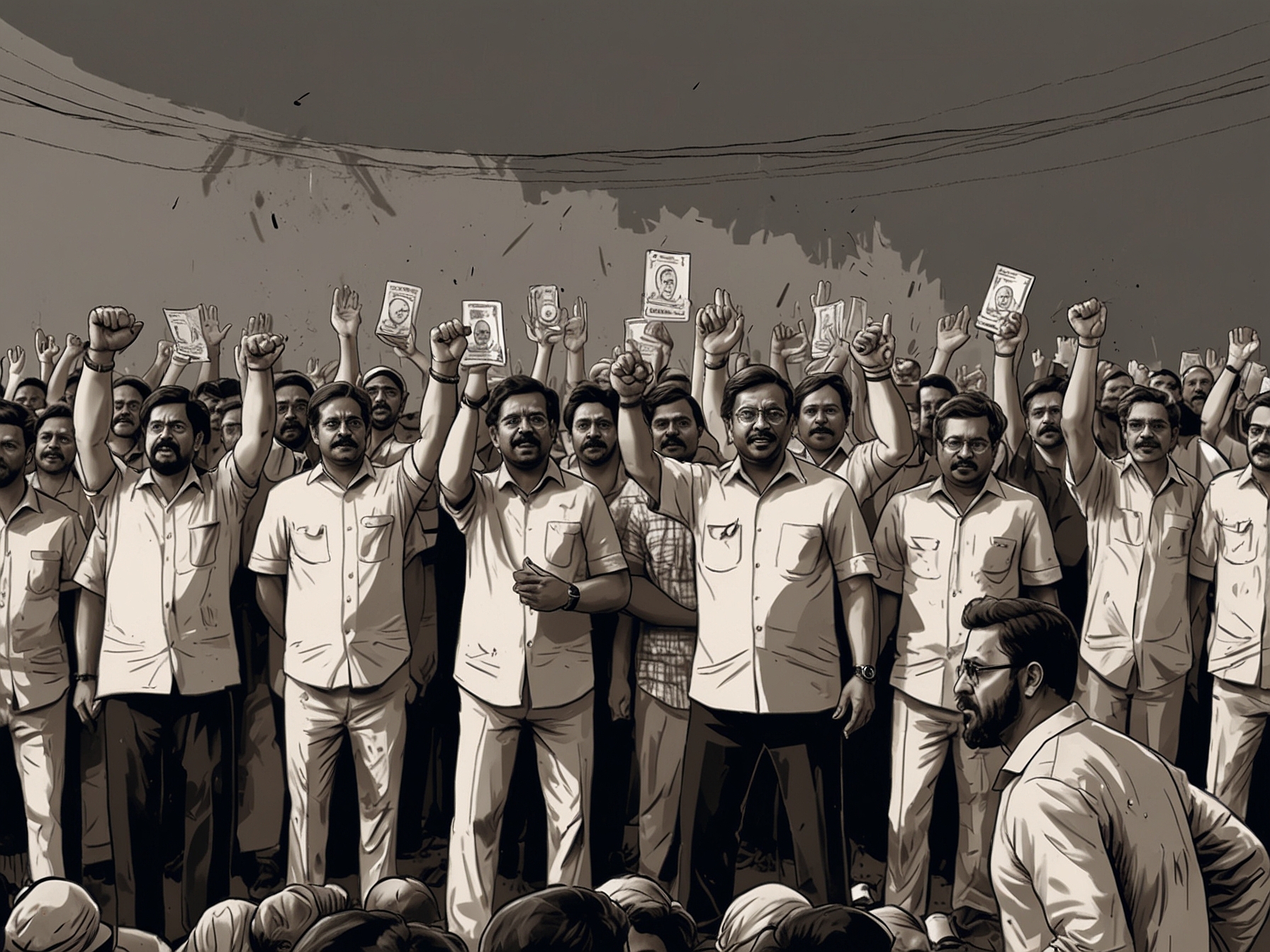 A dramatic confrontation between protesters and BJP leaders, where activists brandish currency notes, embodying the tension and urgency of political accusations in the lead-up to the elections.