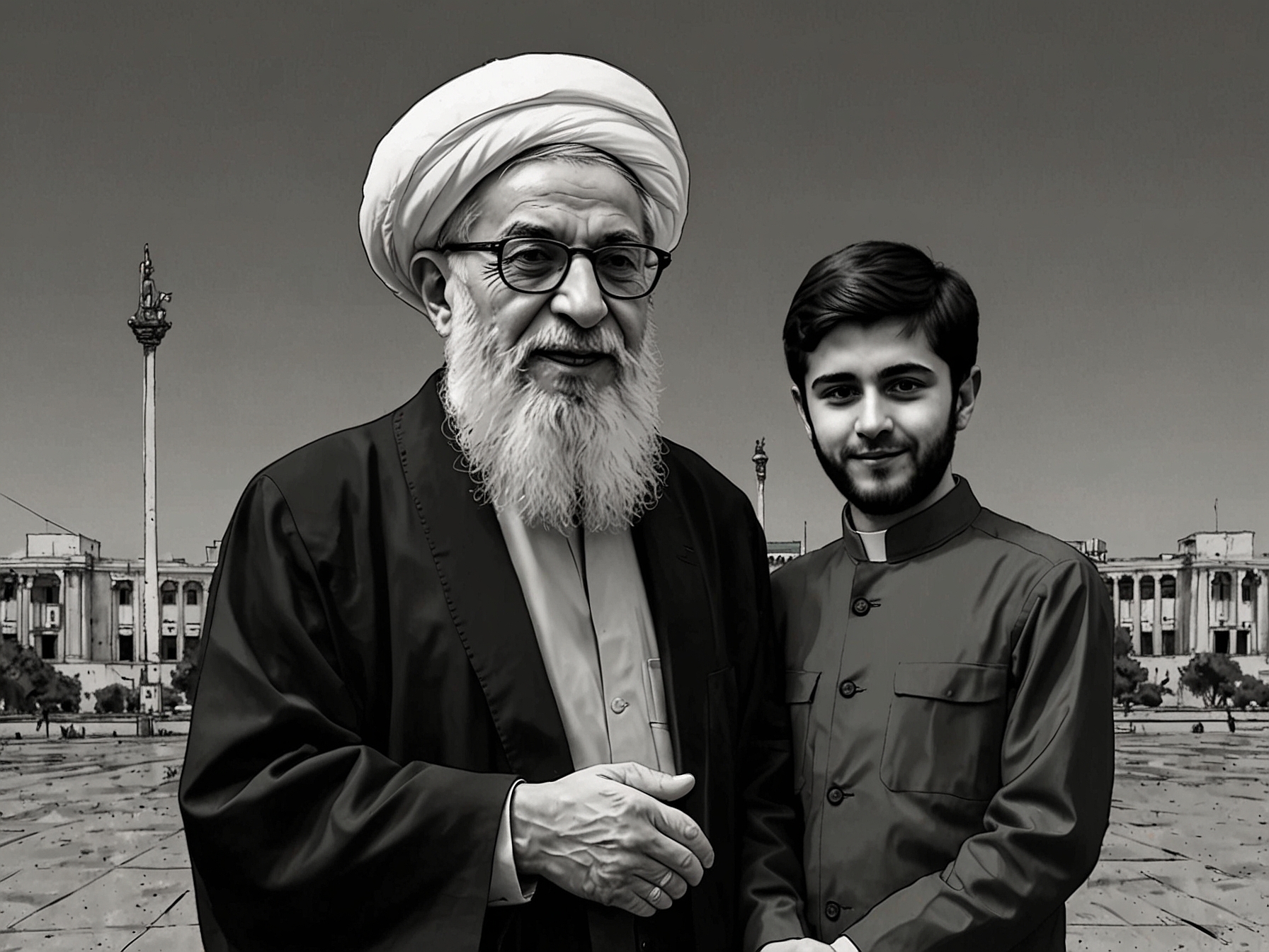 An image illustrating Khamenei and his son Mojtaba, set against the backdrop of the Iranian parliament, symbolizing the power dynamics of succession in Iran.