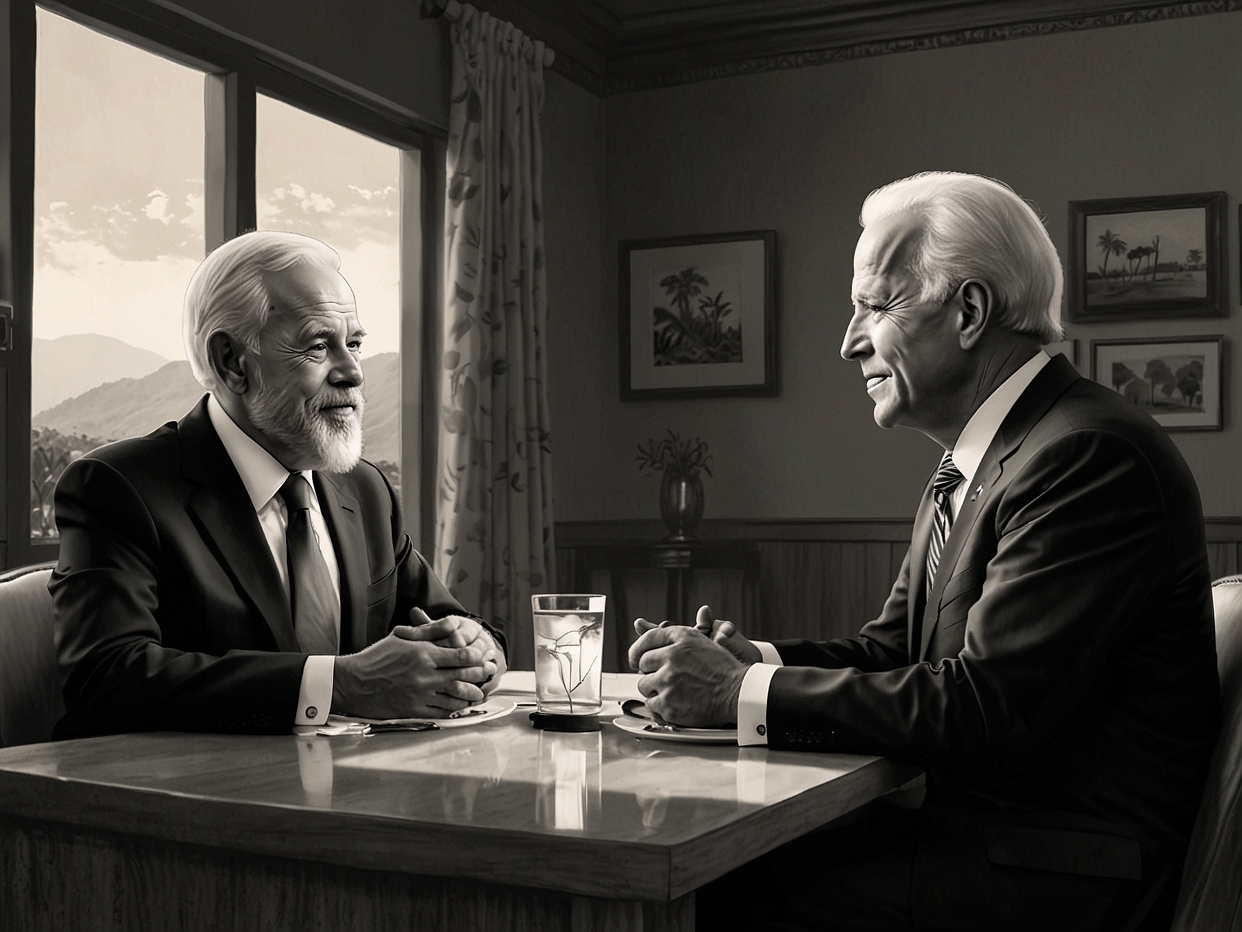 A meeting scene featuring Presidents Lula and Biden engaged in conversation over lunch, with a backdrop of vibrant Brazilian landscapes symbolizing the envisioned partnership in sustainable energy. The image captures their attentive expressions, reflecting urgency and collaboration.